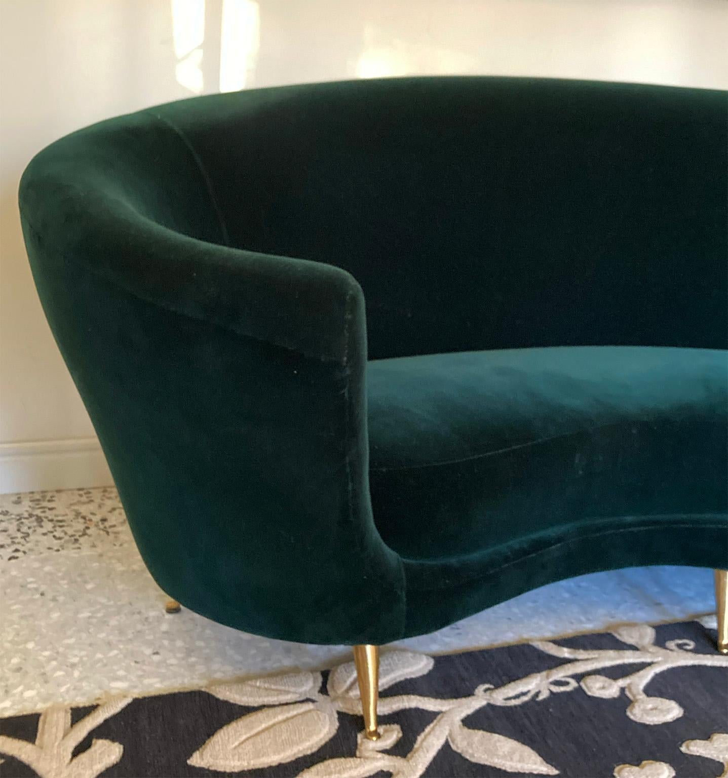 Mid-20th Century Mid Century Italian ‘50s original ISA GreenVelvet Curved Sofa, Shipping Included For Sale