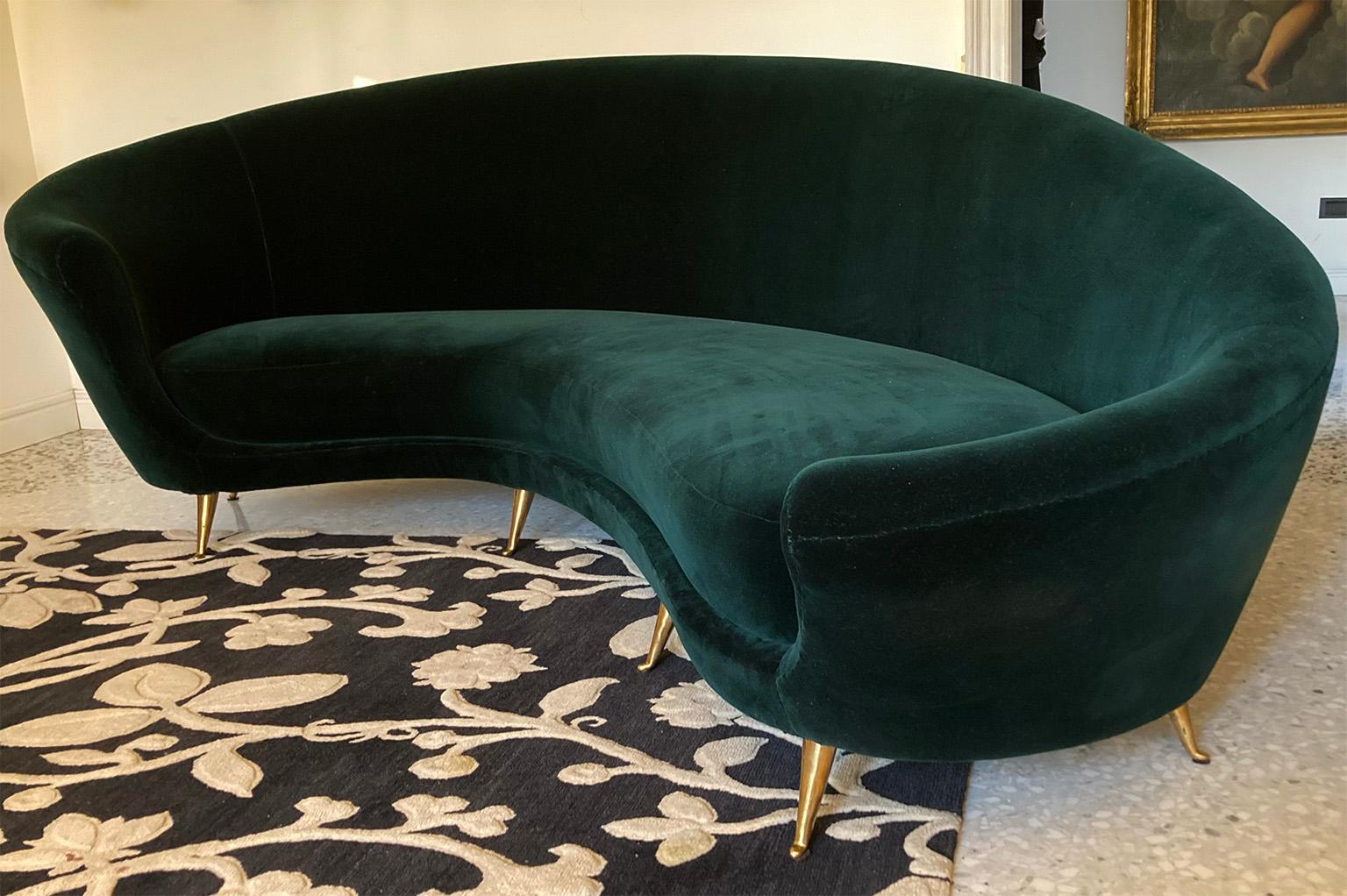 Mid-Century Modern Mid Century Italian ‘50s original ISA GreenVelvet Curved Sofa, Shipping Included For Sale