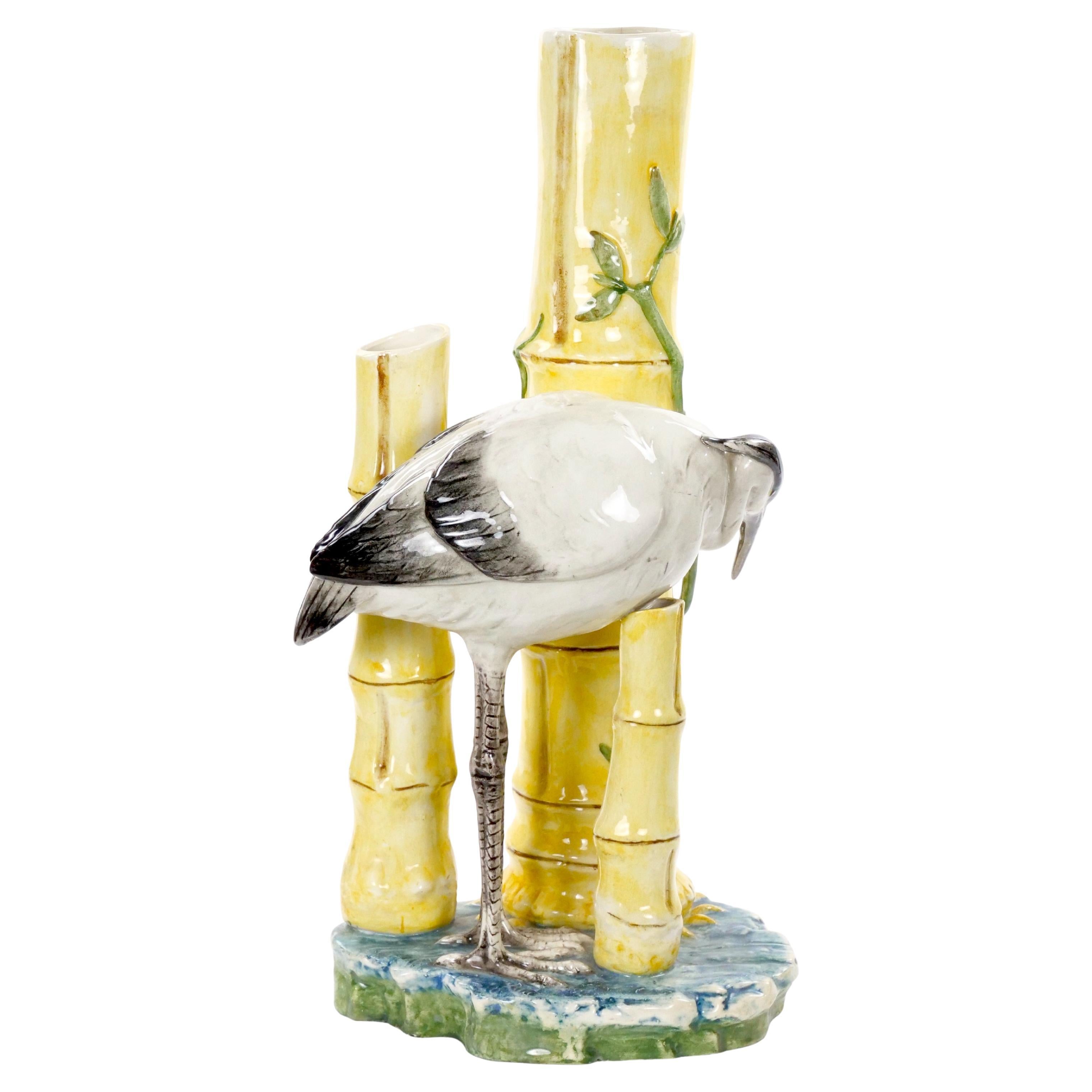 Mid-Century Modern Italian Hand-Painted Majolica Heron Figurative Sculpture For Sale