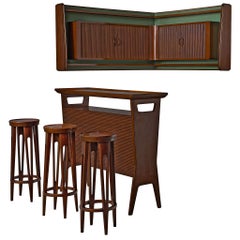 Vintage Mid-Century Modern Italian Home Bar With Cabinet and Stools in Walnut