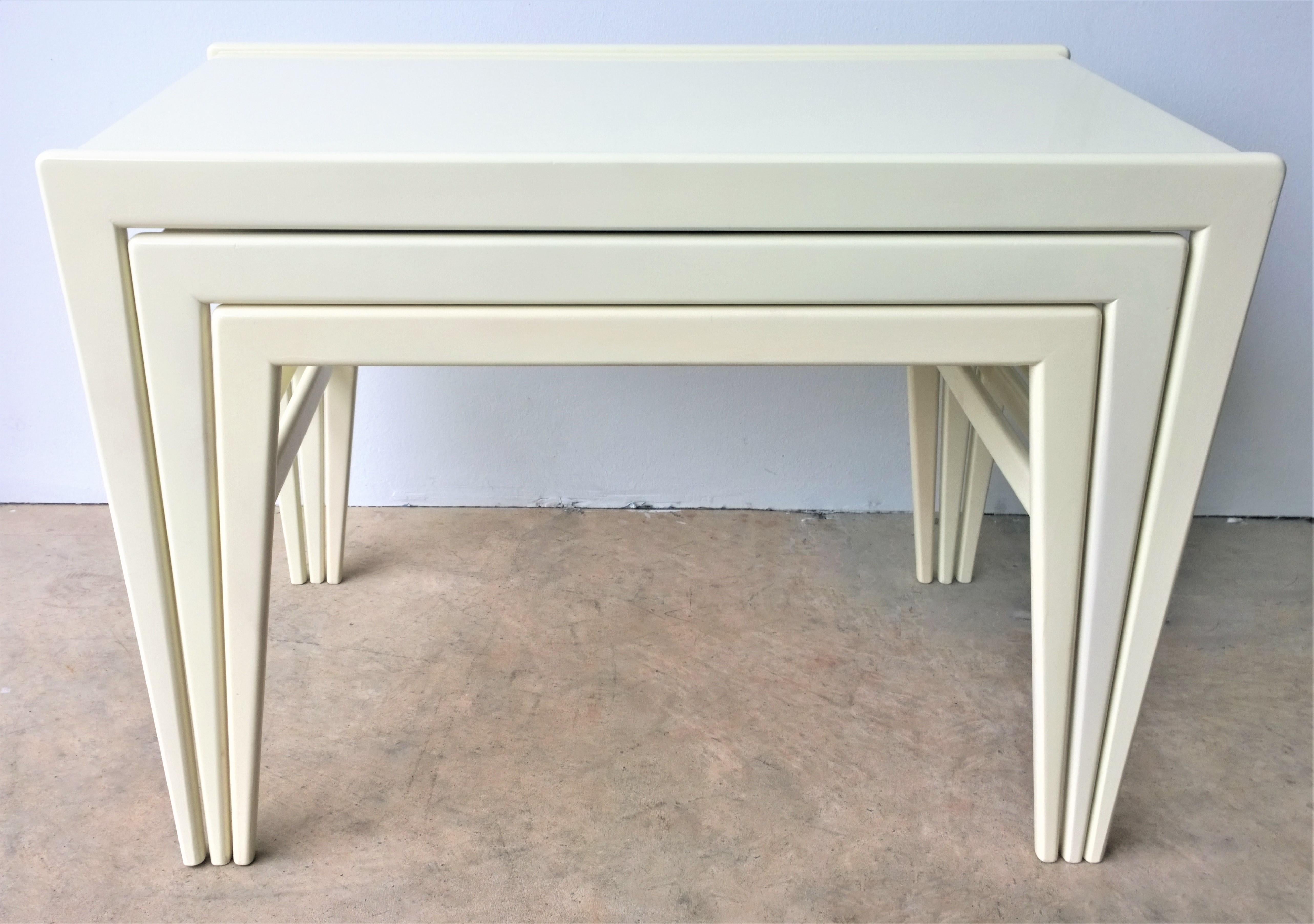 Italian Ico Parisi / Singer & Son New Lacquer in Creamy White Wood S/3 Stacking Tables For Sale