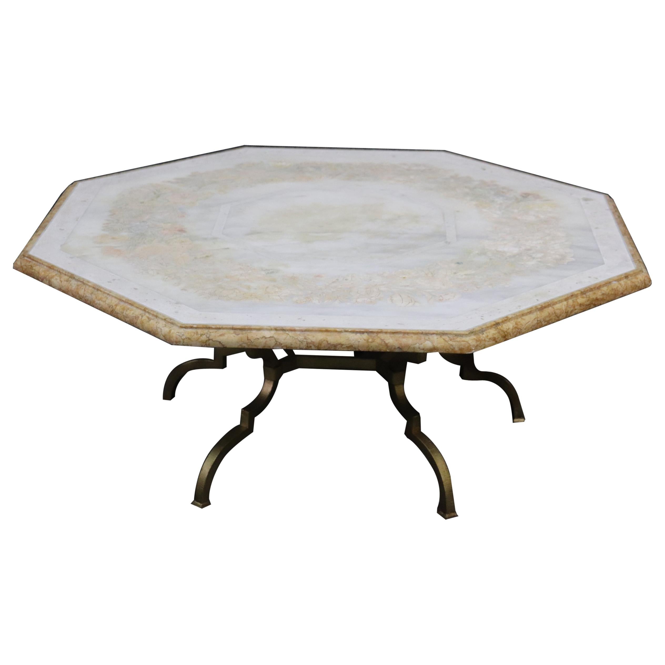 Mid-Century Modern Italian Inlaid Marble and Brass Octagonal Coffee Table