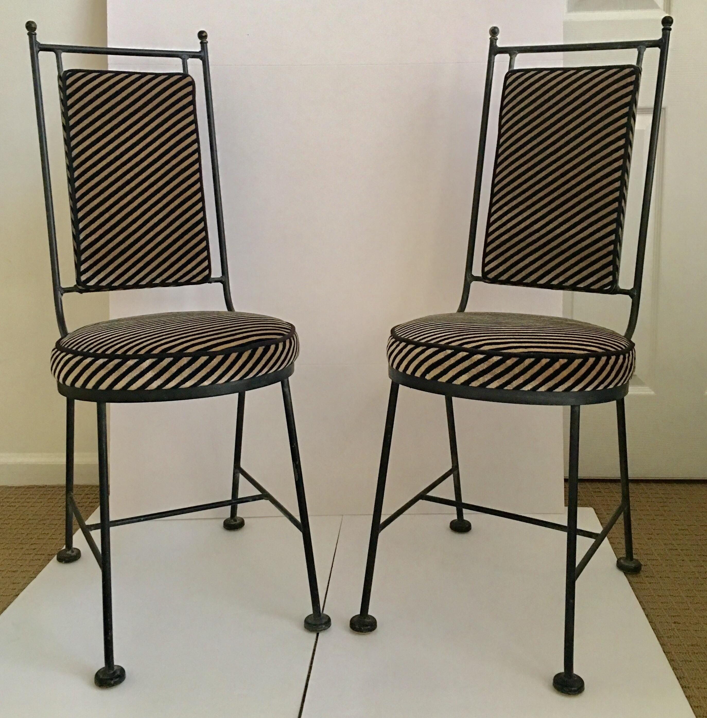 Sleek Mid-Century Modern Iron and Striped Salterini Style Chairs, Italian  In Good Condition In Lambertville, NJ