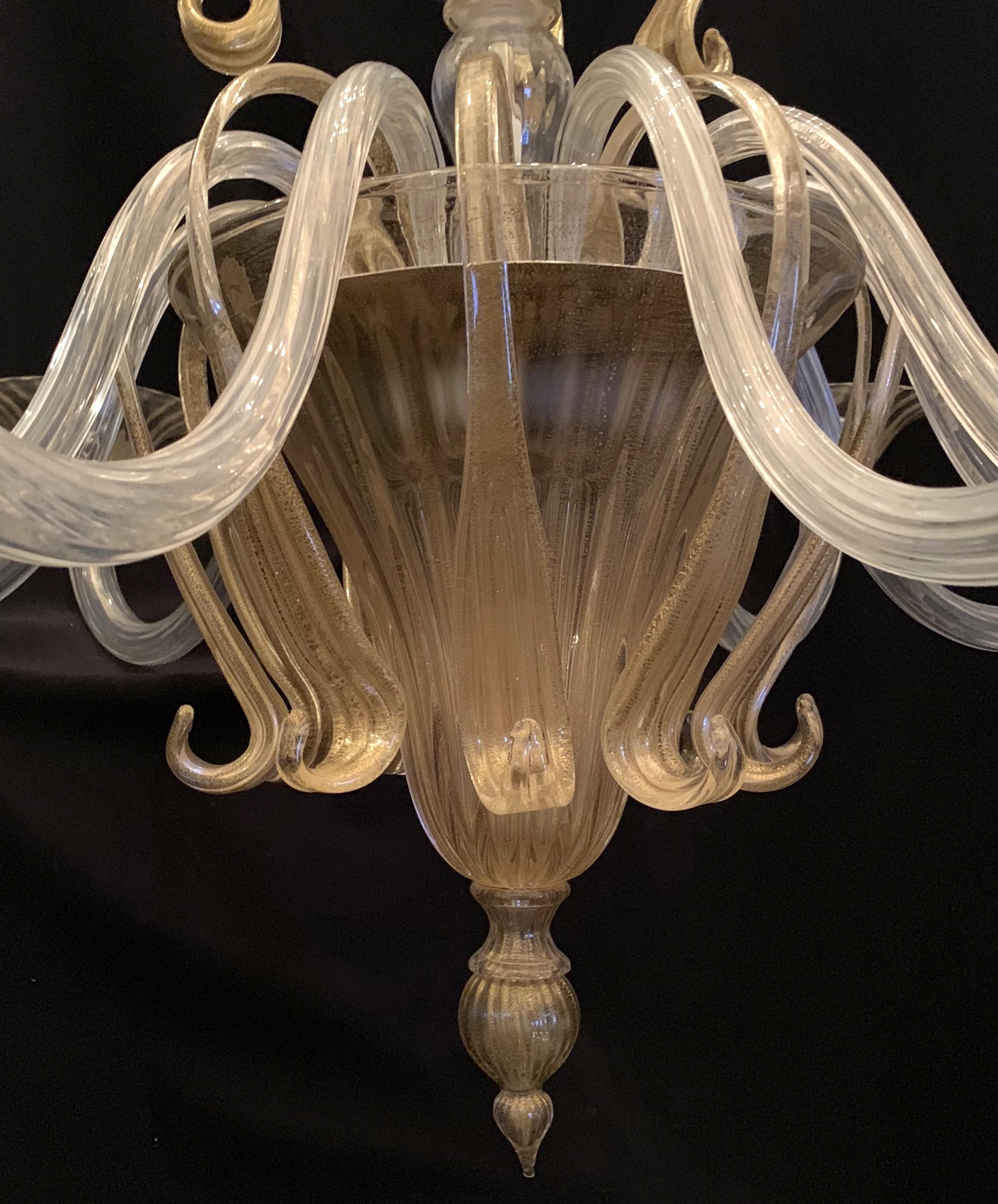 Mid-Century Modern Italian Leaf Clear Gold Murano Art Glass Large Chandelier 1