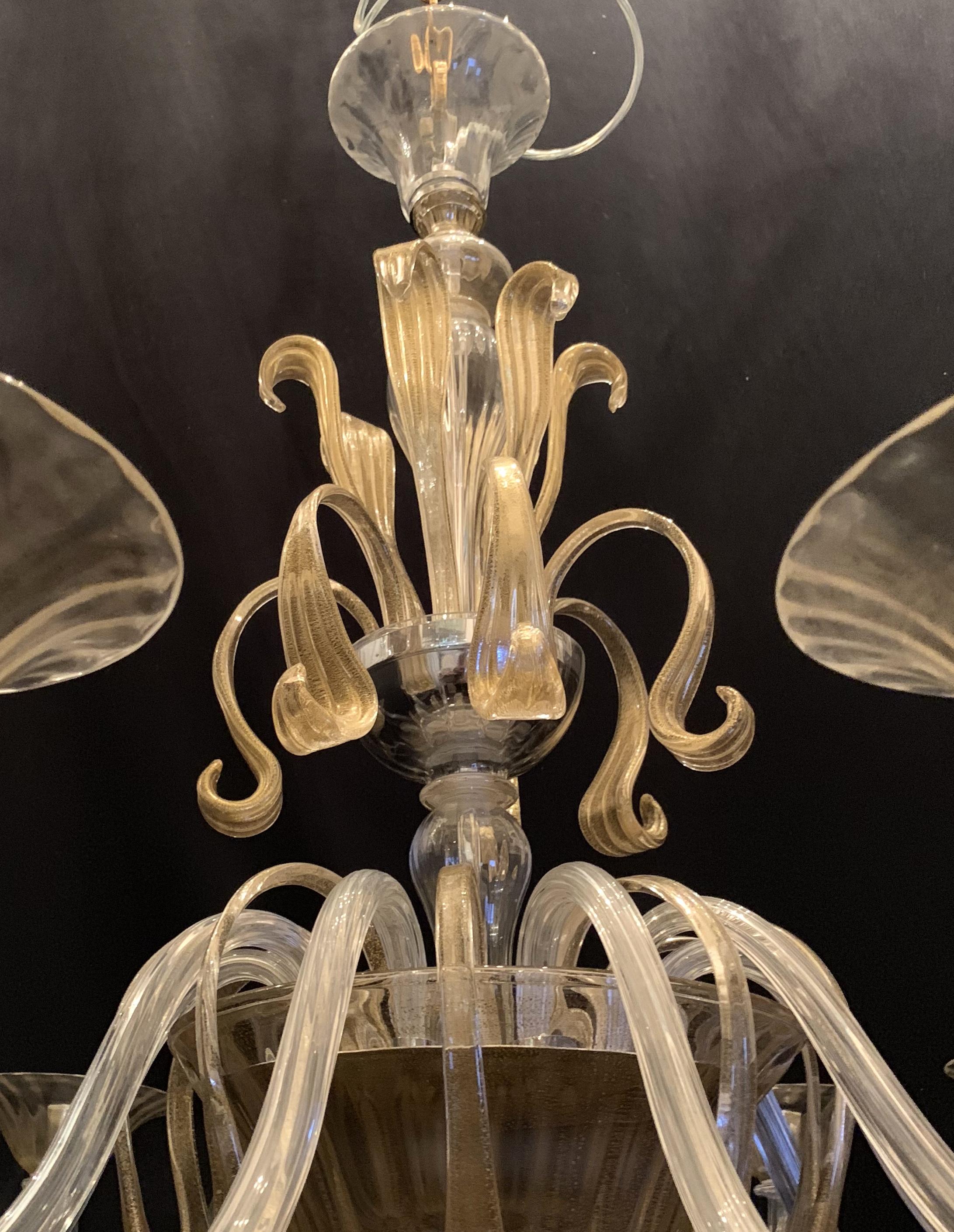 Mid-Century Modern Italian Leaf Clear Gold Murano Art Glass Large Chandelier 3