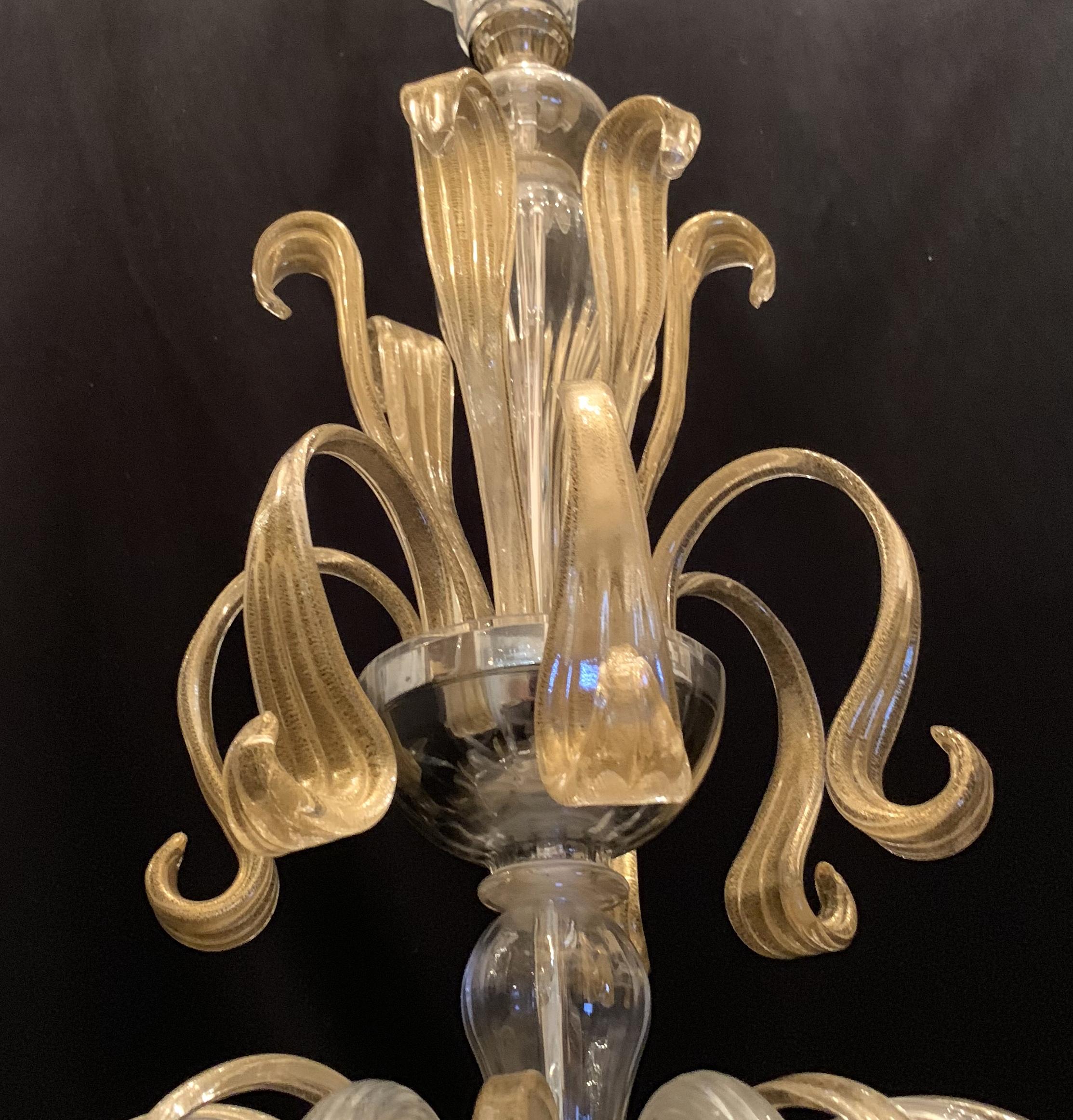Mid-Century Modern Italian Leaf Clear Gold Murano Art Glass Large Chandelier 4