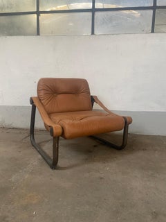 Mid-Century Modern Italian Leather and Burnished Brass Armchairs, 1970s