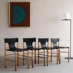 Mid-Century Modern italian leather dining chairs brass Frigerio style, 1970s