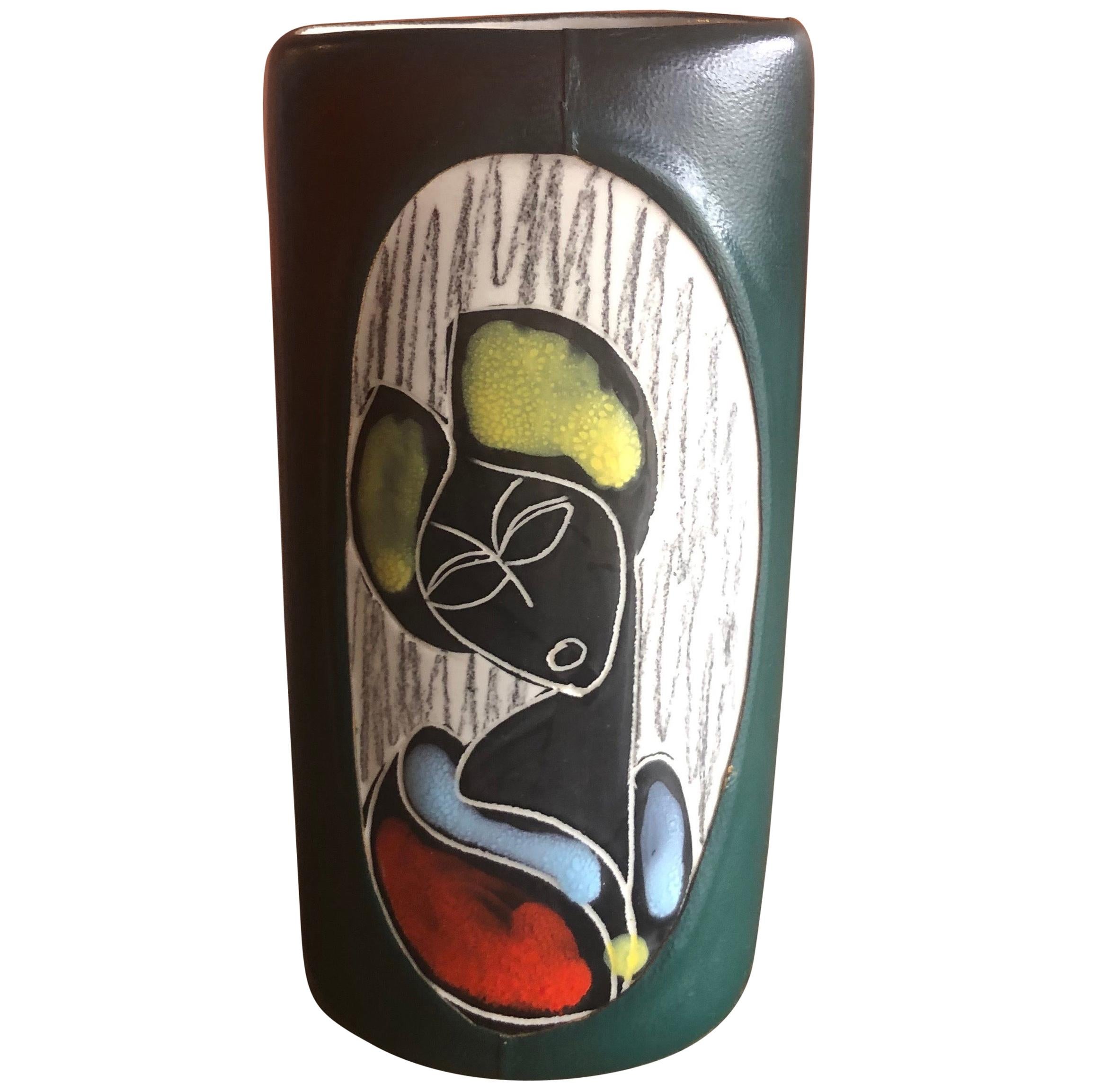 Mid-Century Modern Italian Leather Wrapped Ceramic Vase in the Style of Fantoni