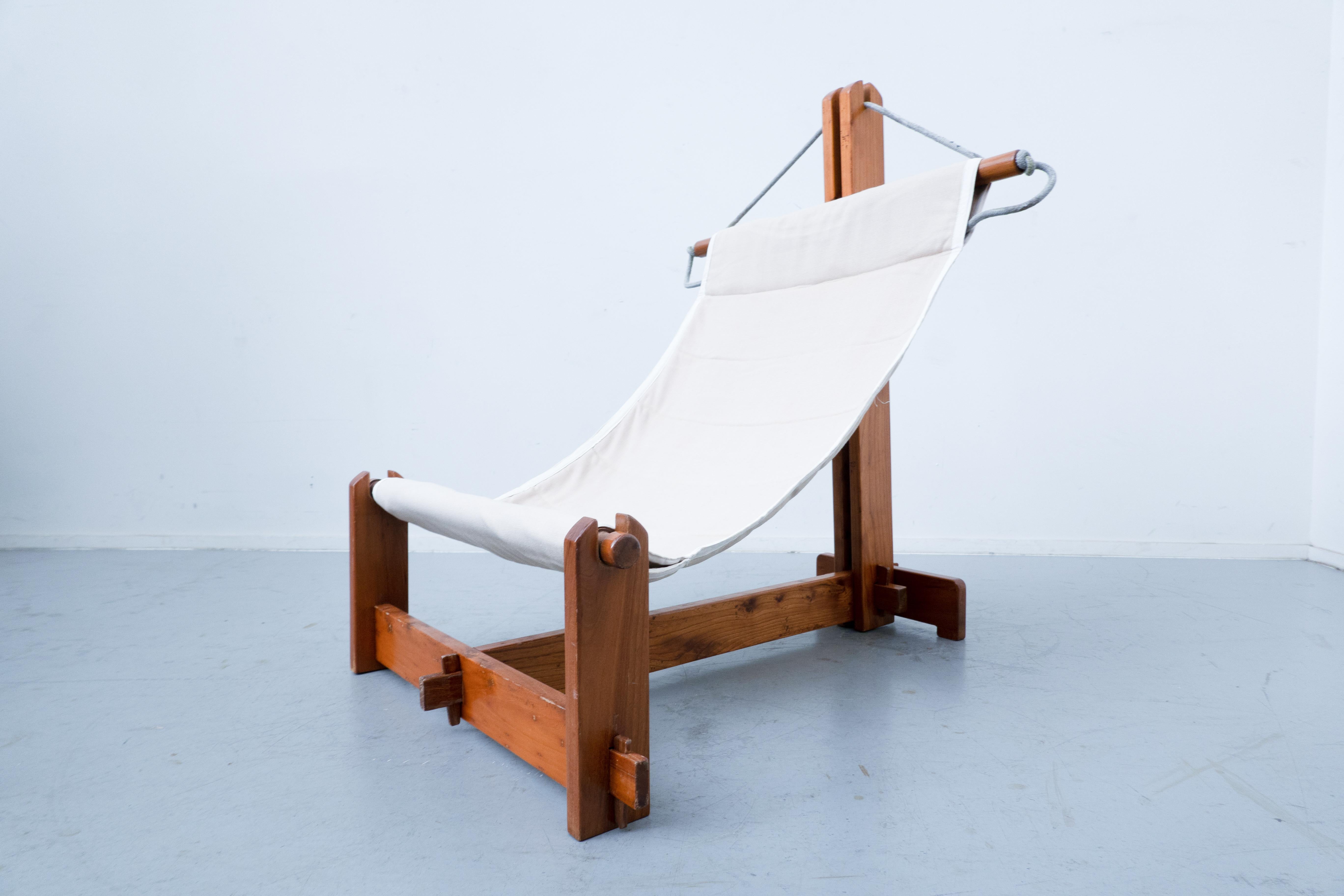 Mid-Century Modern Italian Lounge Chair, Beige Fabric, Wood and Rope, 1960s For Sale 4