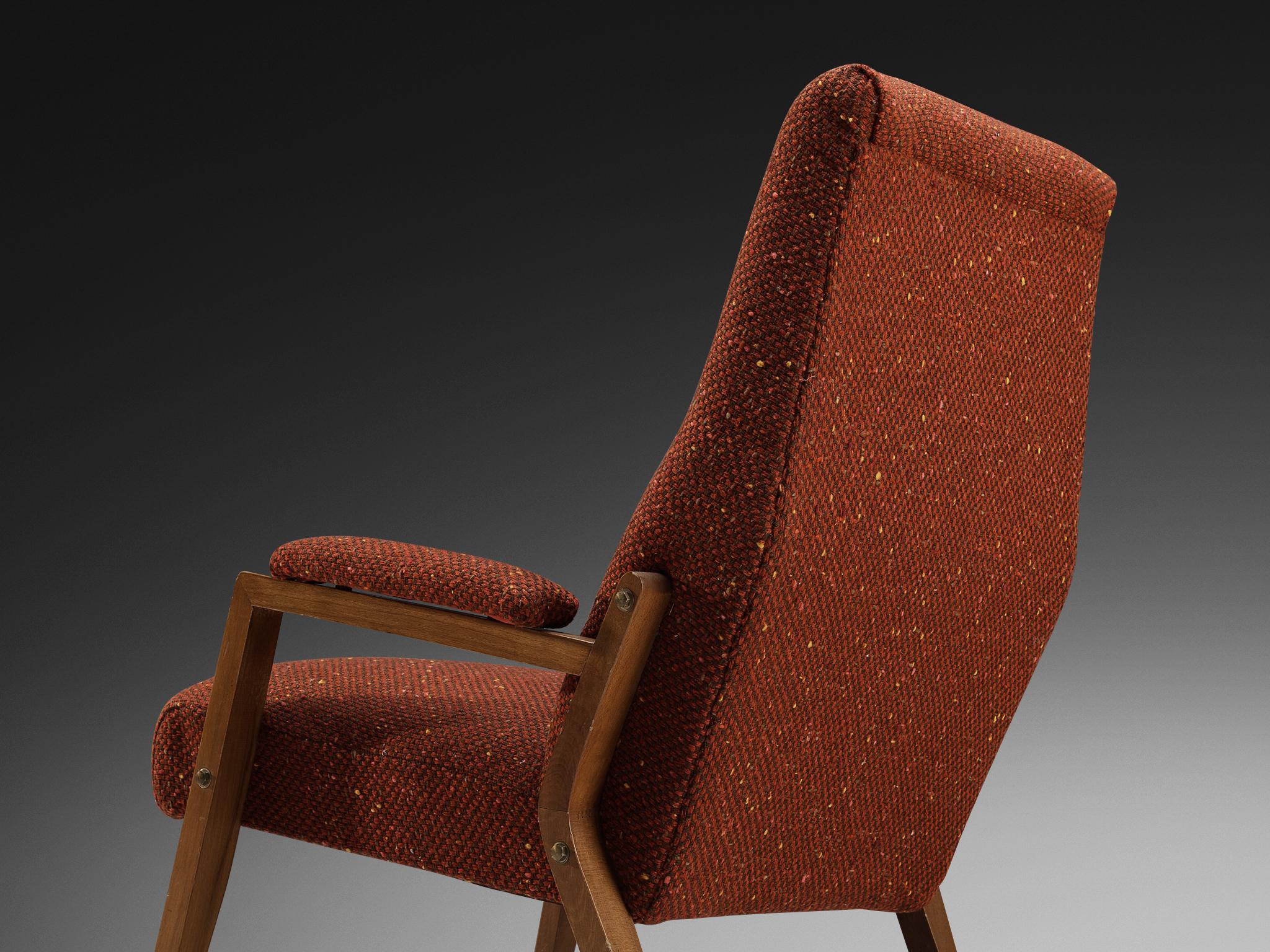 Fabric Mid-Century Modern Italian Lounge Chair in Reddish Brown Upholstery For Sale