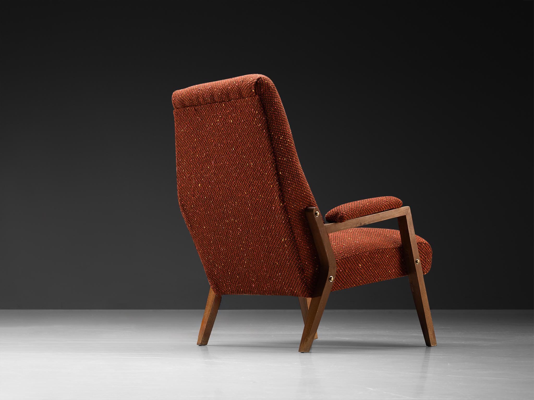 Mid-Century Modern Italian Lounge Chair in Reddish Brown Upholstery For Sale 1