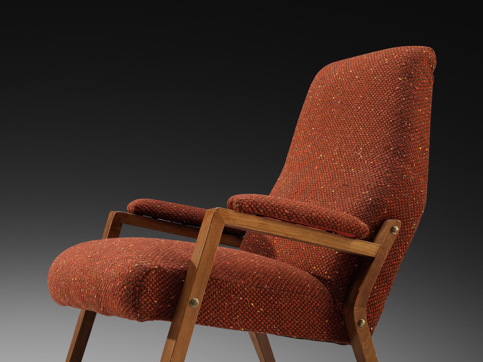 Mid-Century Modern Italian Lounge Chair in Reddish Brown Upholstery For Sale 2