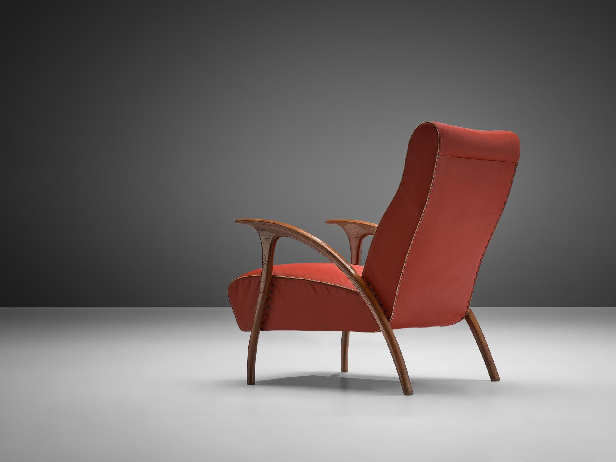 Mid-20th Century Mid-Century Modern Italian Lounge Chair in Walnut and Red Upholstery  For Sale