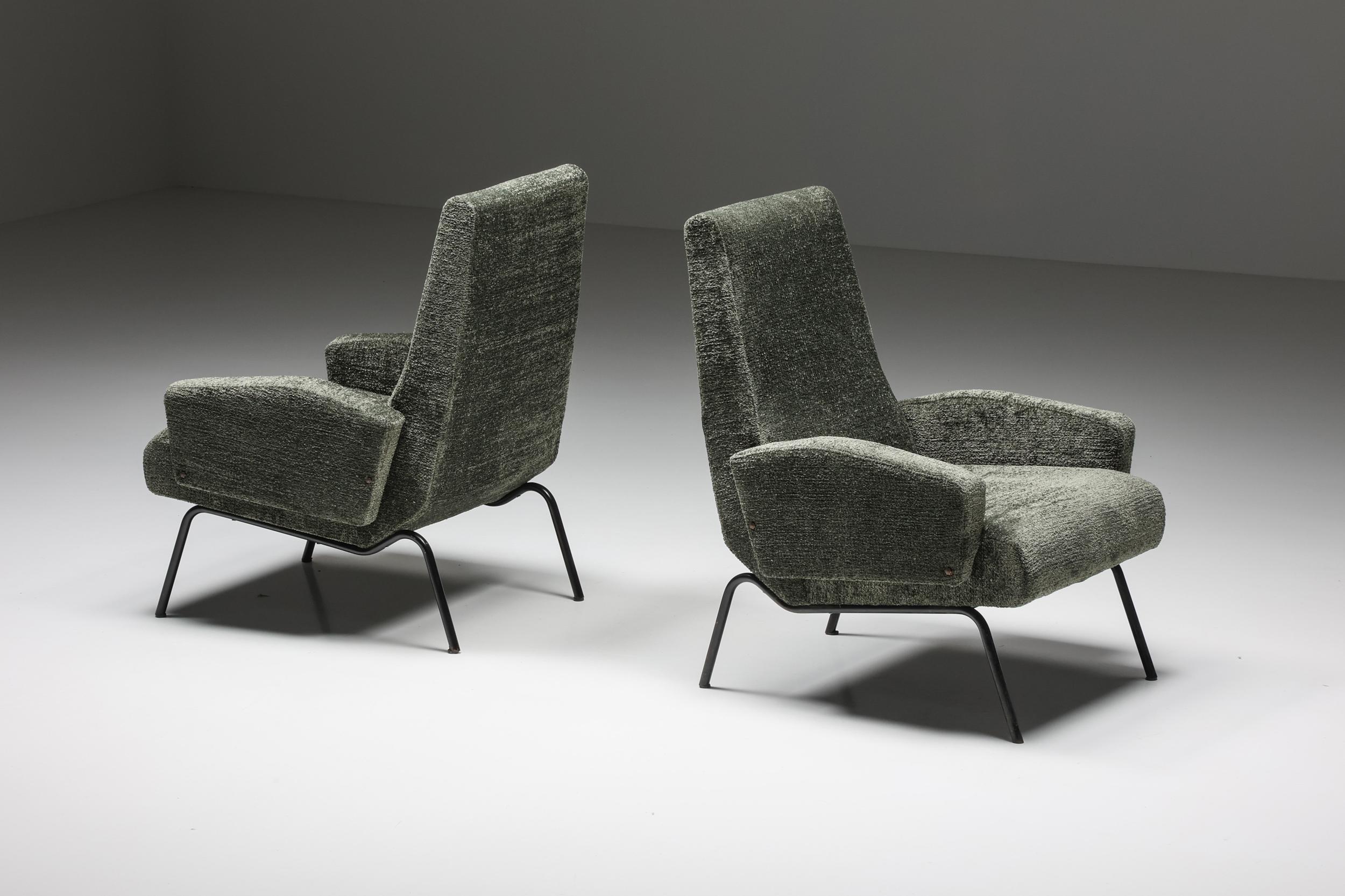 Italian design; Mid-Century Modern; Gastone Rinaldi; Vico Magistretti; Eero Saarinen; Organic Moder; Italy; 1950's; 

Italian lounge chairs. reupholstered in 100% recycled fabric that is developed out of plastic bottles. The upholstery guarantees