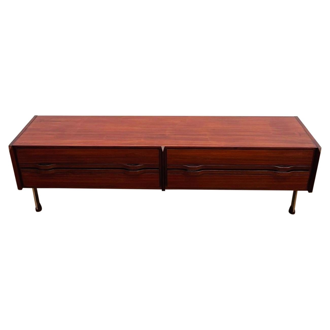 Mid-Century Modern Italian Low Wooden Credenza, with four Drawers For Sale