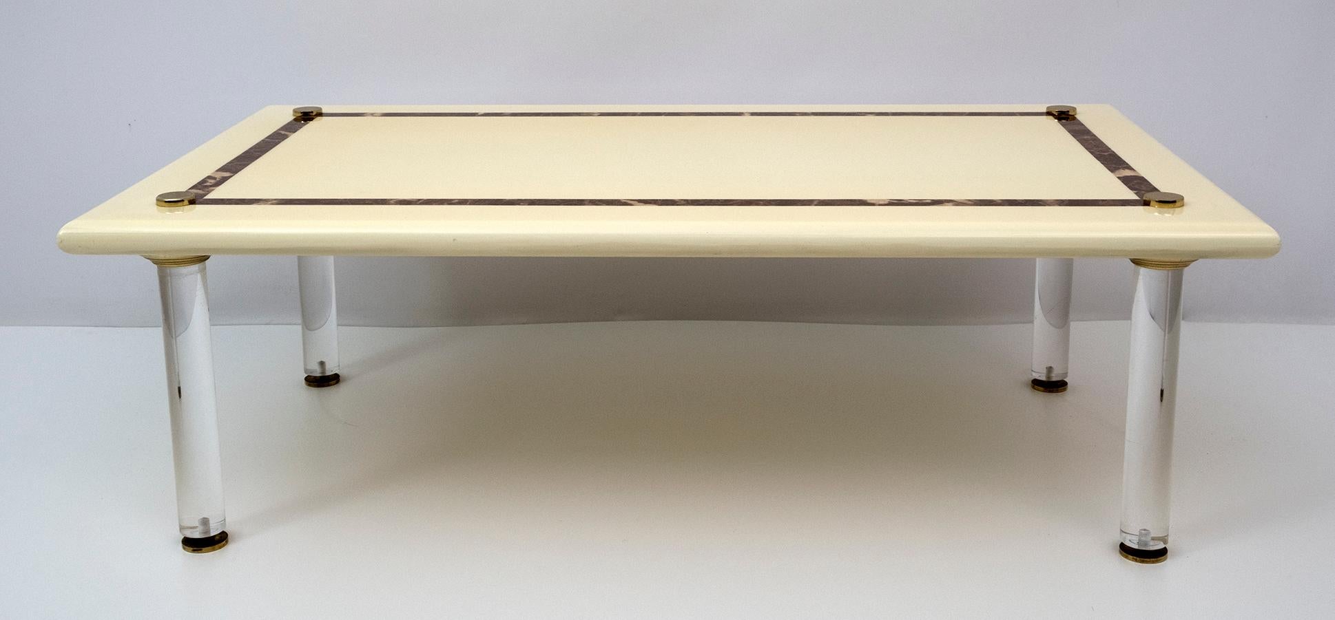 Brass Mid-Century Modern Italian Lucite and Lacquer Coffee Table, 1970s For Sale