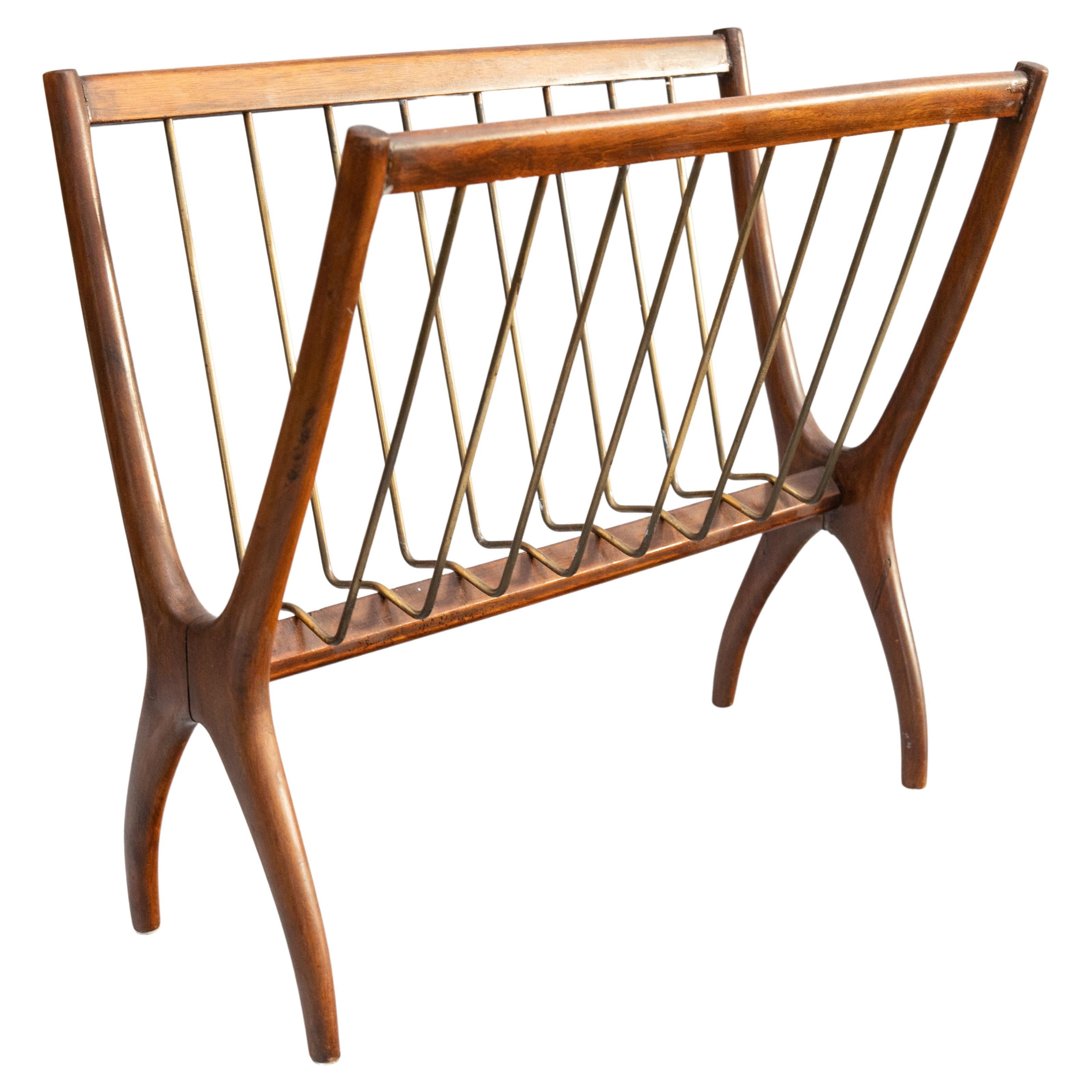 Mid-Century Modern Italian Mahogany & Brass Magazine Rack For Sale