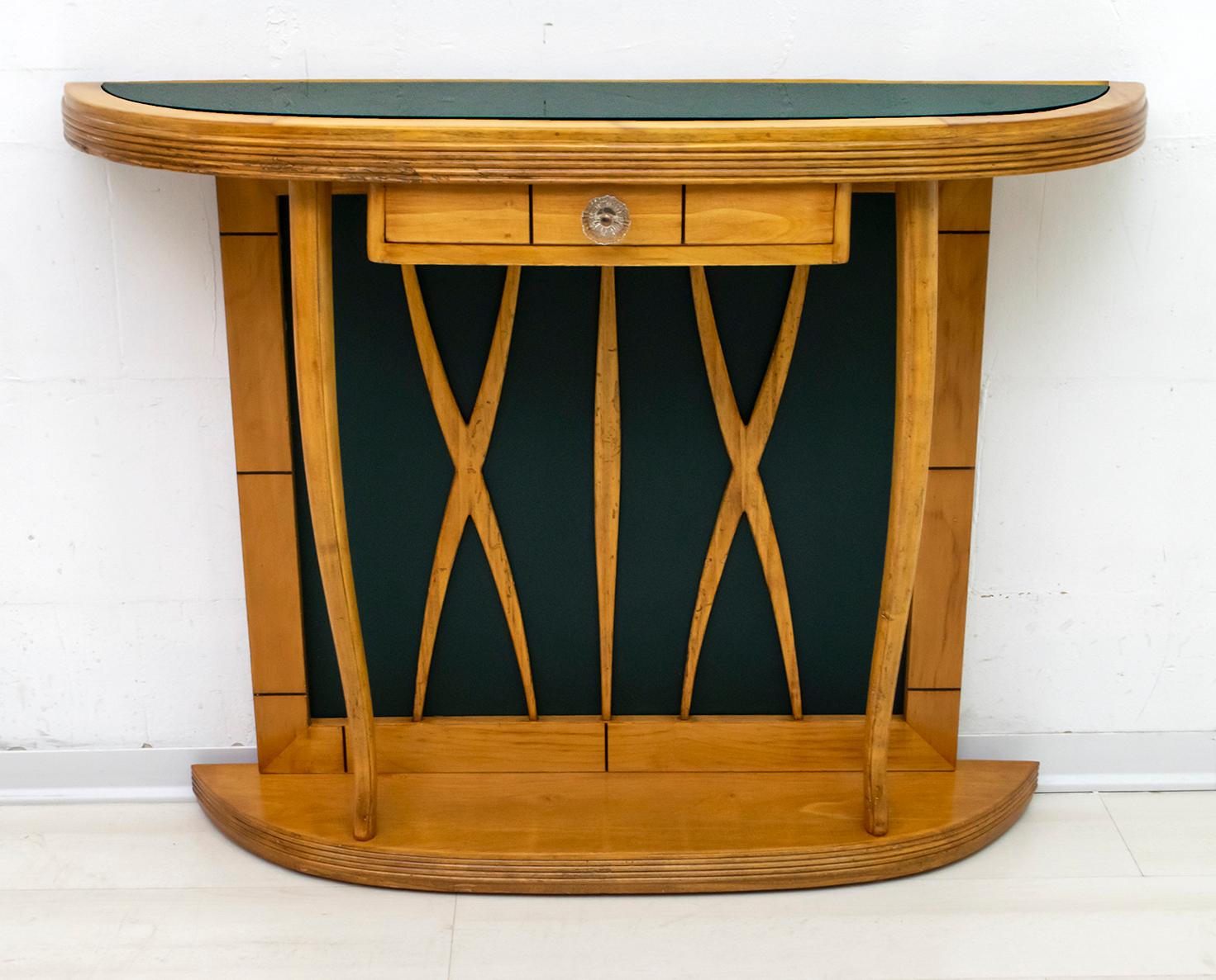 Small console in maple, top in green glass, bottom in green eco-leather, of excellent Italian manufacture, 1950s. The console has been restored and we used the micoonde system for woodworms.

  