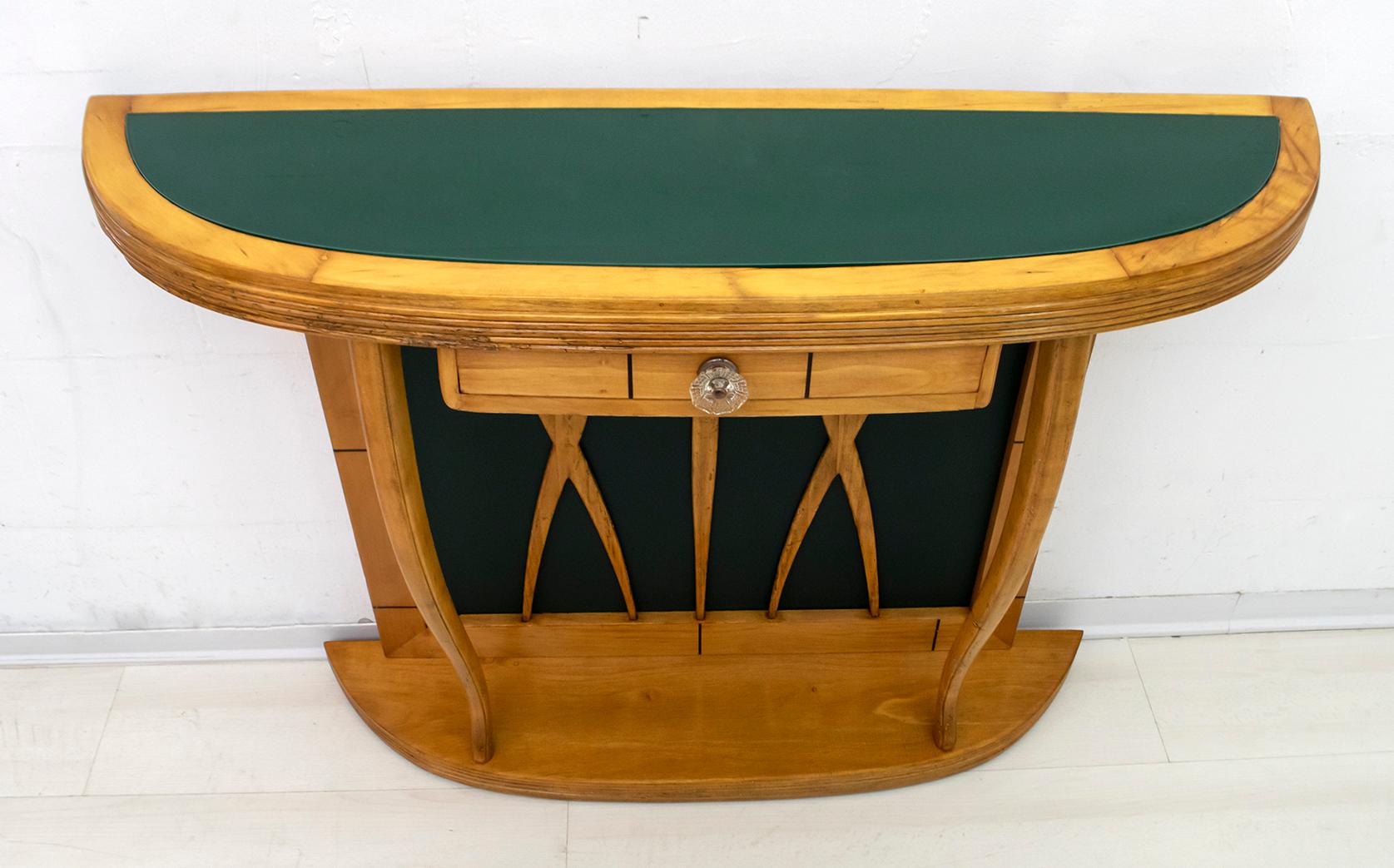 Mid-Century Modern Italian Maple and Green Glass Console, 1950 In Good Condition In Puglia, Puglia