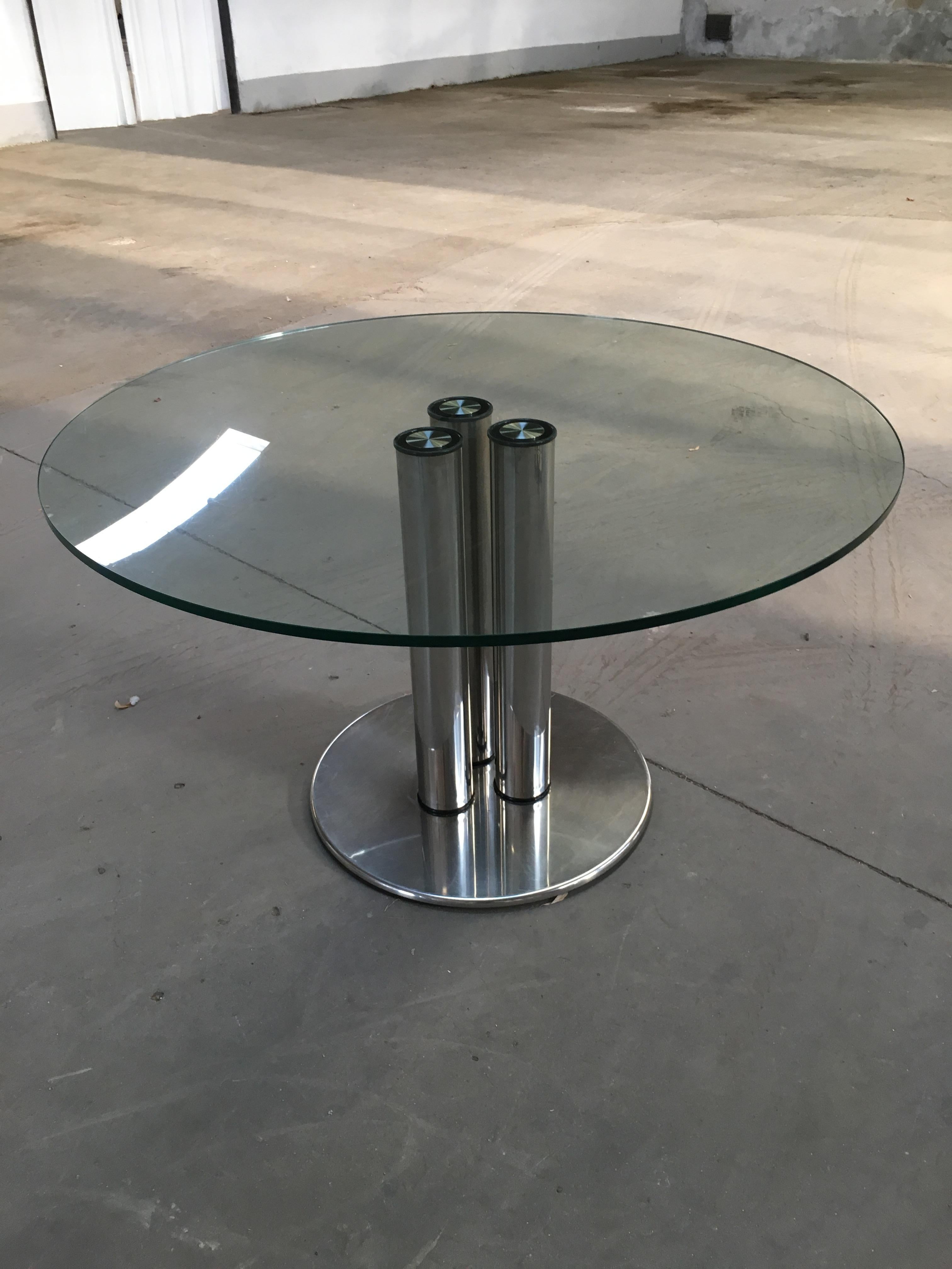 Mid-Century Modern Italian chrome base and glass top table model Marcuso 2532 by Marco Zanuso for Zanotta, 1970s.