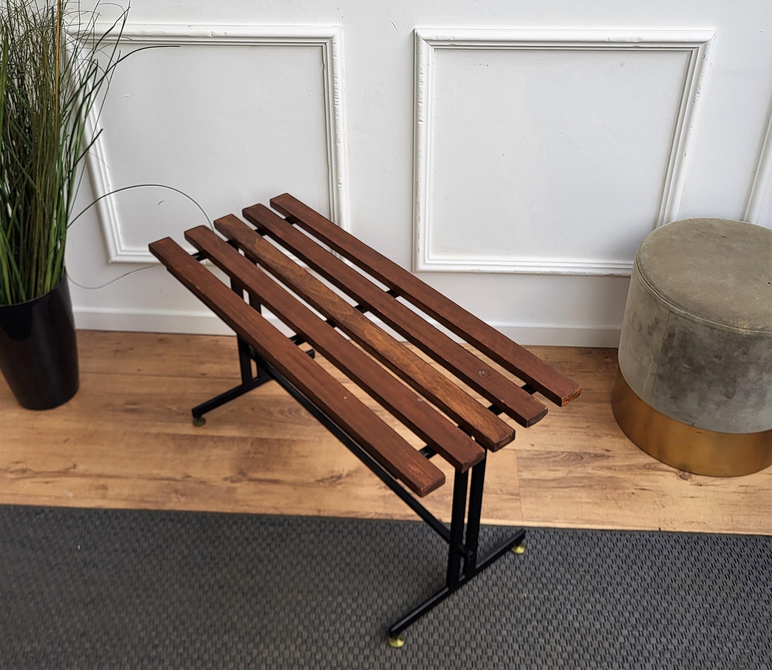 Mid-Century Modern Italian Metal Base Brass Feet Wooden Slat Bench For Sale 3