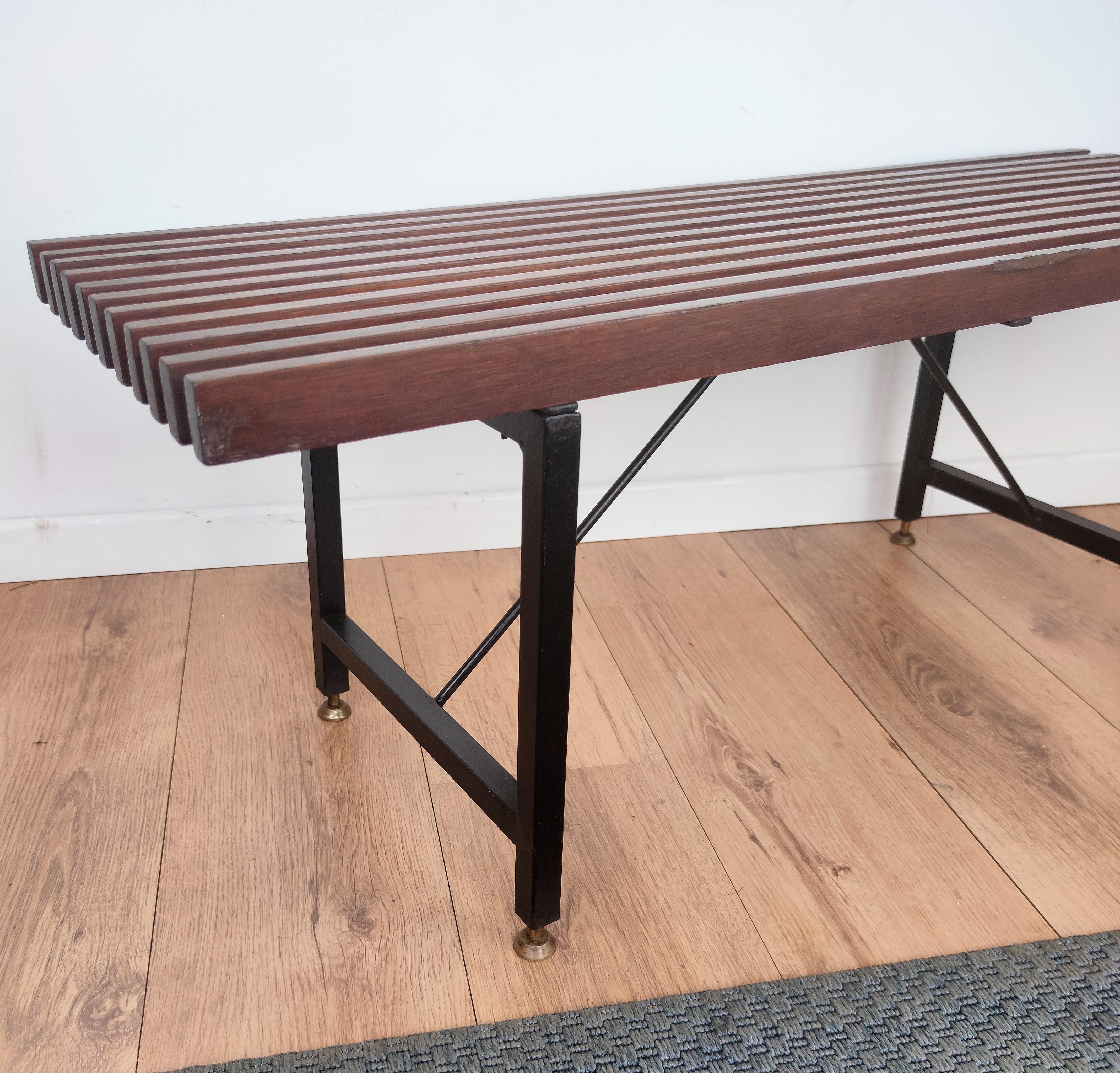 Mid-Century Modern Italian Metal Cross Bar Base Wooden Slat Bench Coffee Table 2