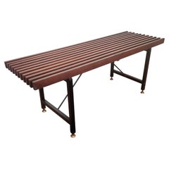 Mid-Century Modern Italian Metal Cross Bar Base Wooden Slat Bench Coffee Table