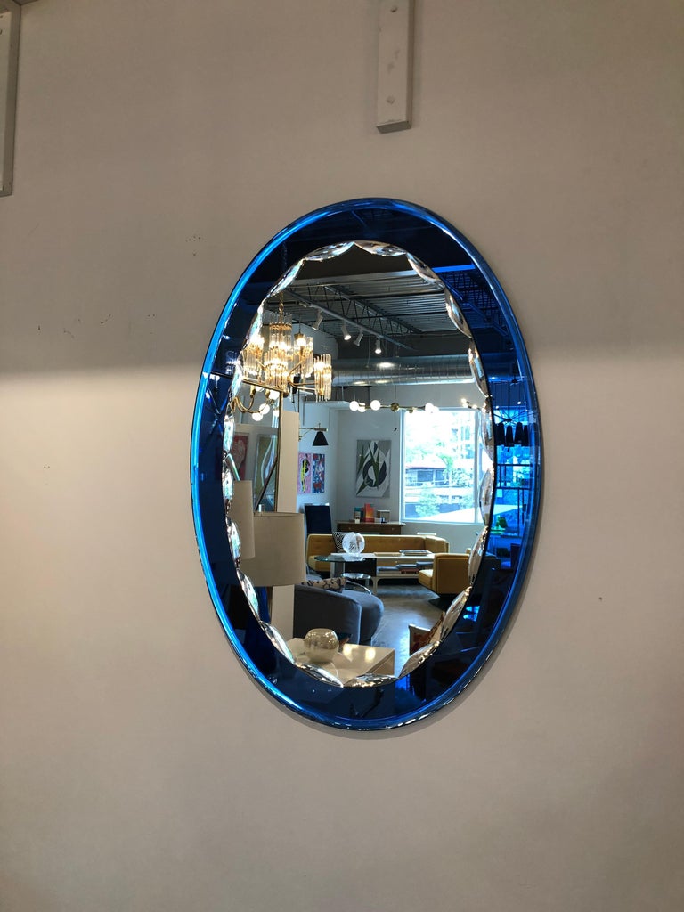 MidCentury Modern Italian Metalvetro Galvorame Mirror with Blue Glass