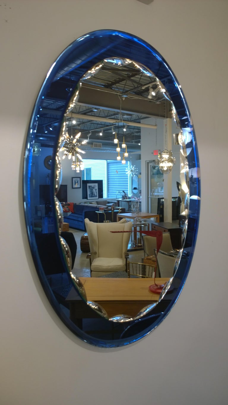 MidCentury Modern Italian Metalvetro Galvorame Mirror with Blue Glass