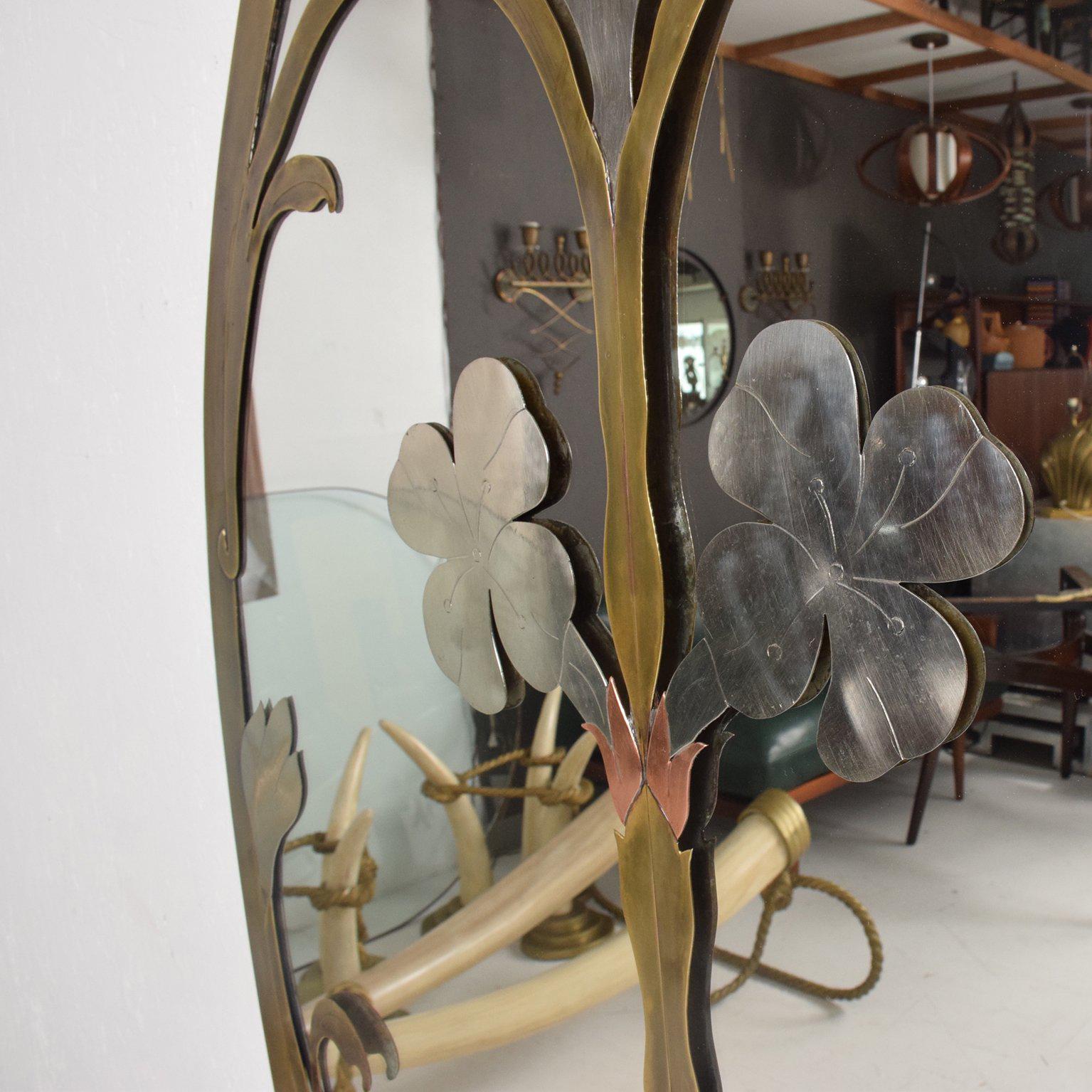 Mid-Century Modern Italian Mirror W Flowers Married Metals In Excellent Condition In Chula Vista, CA