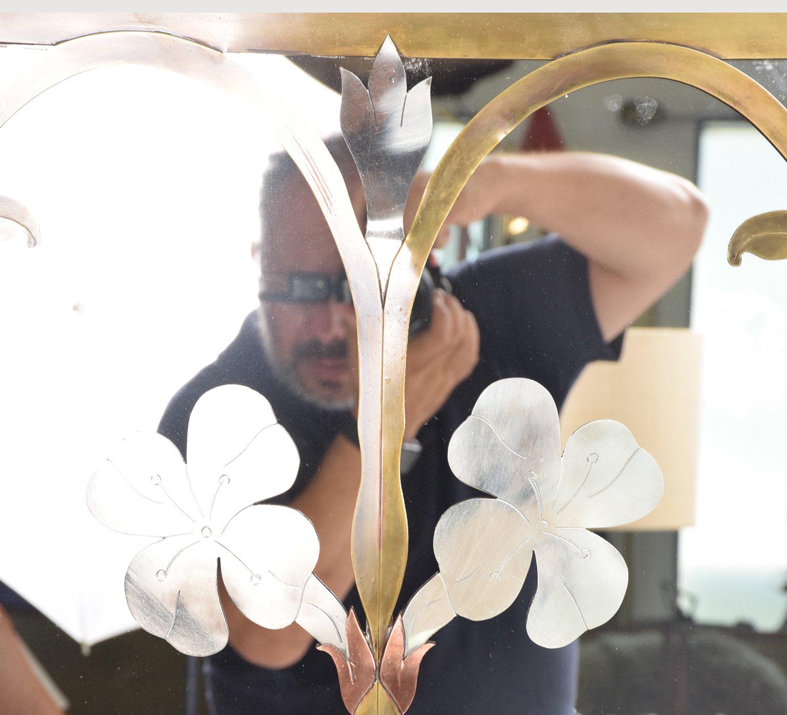 Mid-Century Modern Italian Mirror W Flowers Married Metals 4