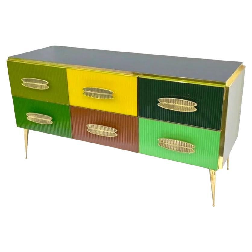 Cassettiera/armadio a sei cassetti con gambe in ottone, in stile Modern Color italiano, del metà del secolo scorso
