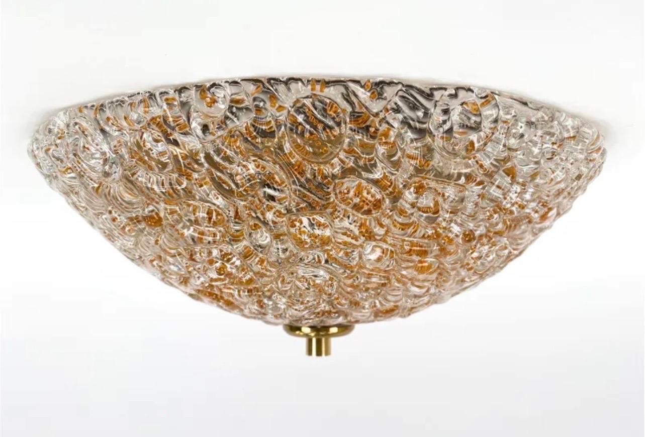Mid-Century Modern Italian Murano Art Glass Brass Flush Mount Light Fixture In Good Condition For Sale In Roslyn, NY
