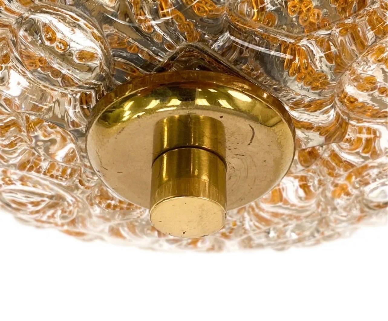 20th Century Mid-Century Modern Italian Murano Art Glass Brass Flush Mount Light Fixture For Sale