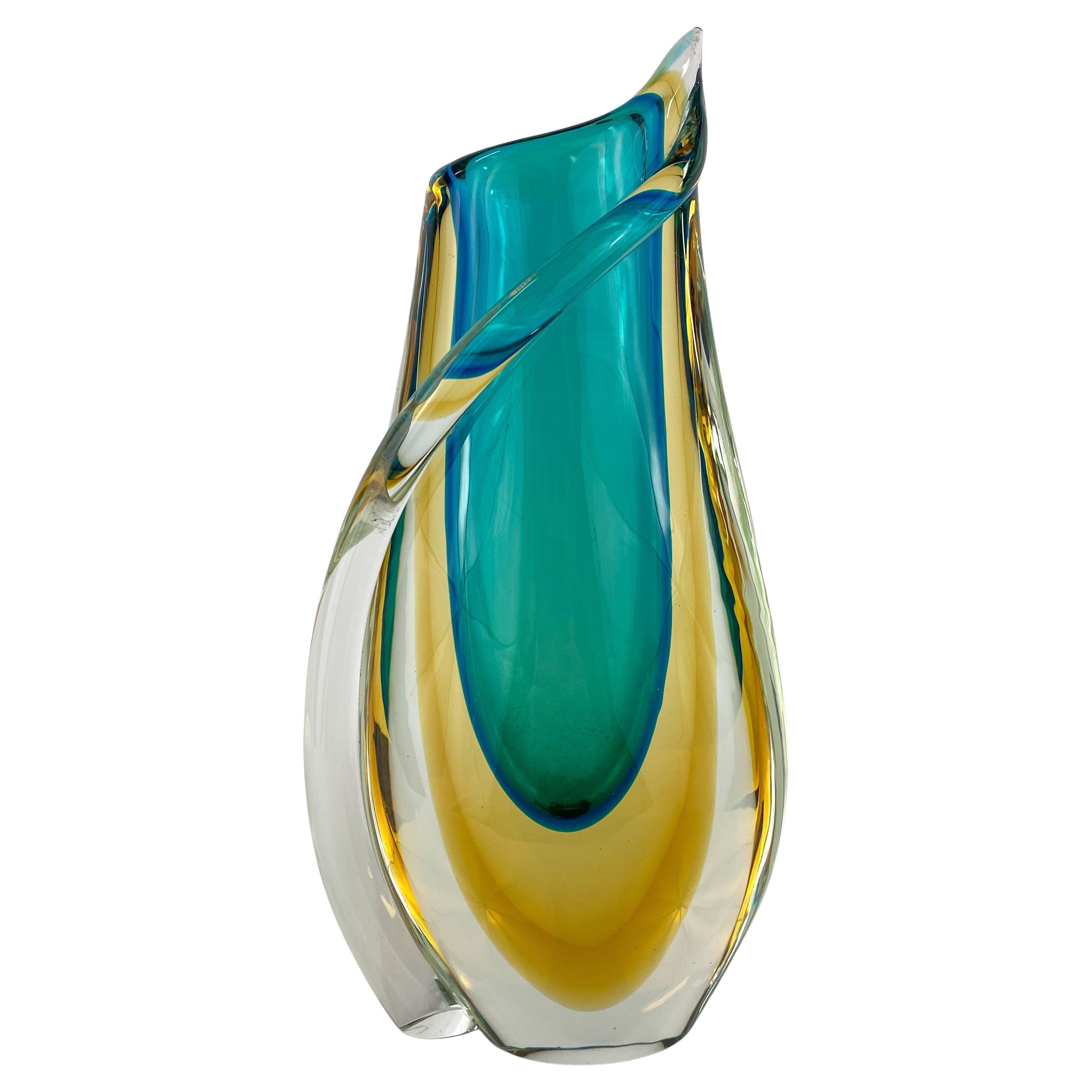 MidCentury Modern Signed Luigi Camozzo Iridescent Amber Murano Art Glass Vase For Sale at 1stDibs
