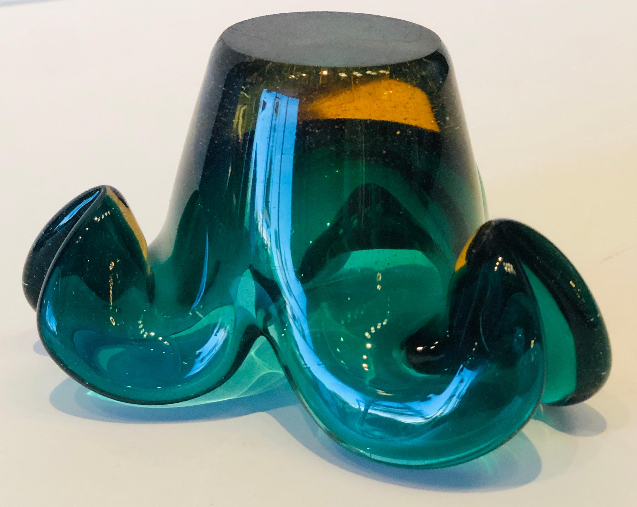 Italian Murano Emerald Green Blown Glass in Floral Shape Vase / Catch-All 13