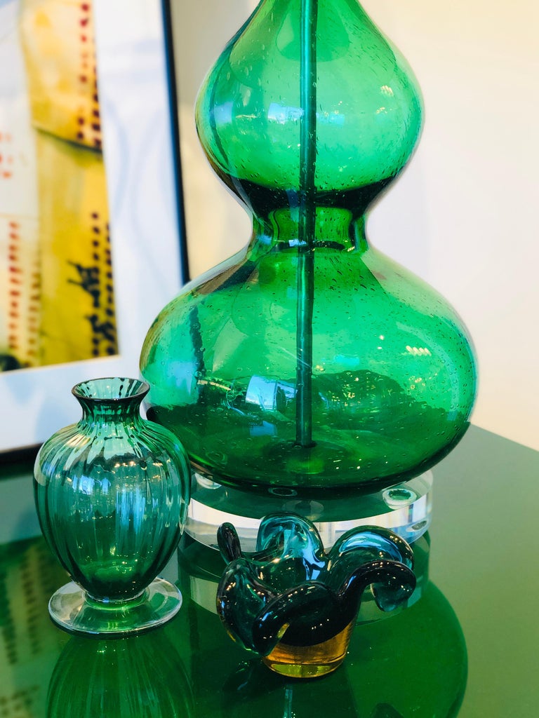 Italian Murano Emerald Green Blown Glass in Floral Shape Vase / Catch