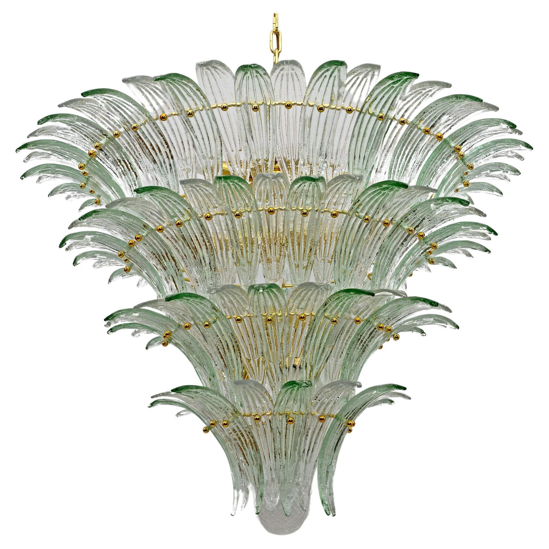 Mid-century Modern Italian Murano Glass and Brass Palmette Chandelier