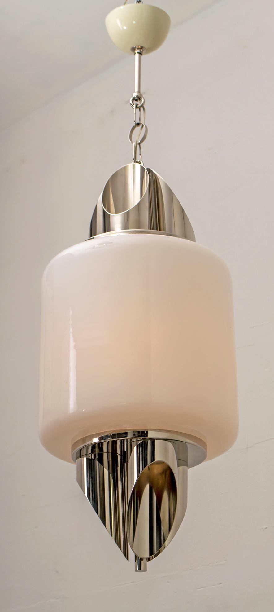Selenova Murano cylinder ceiling lights, in opal glass and chromed metal. 3 E14 bulbs max 40 Watt each.
 