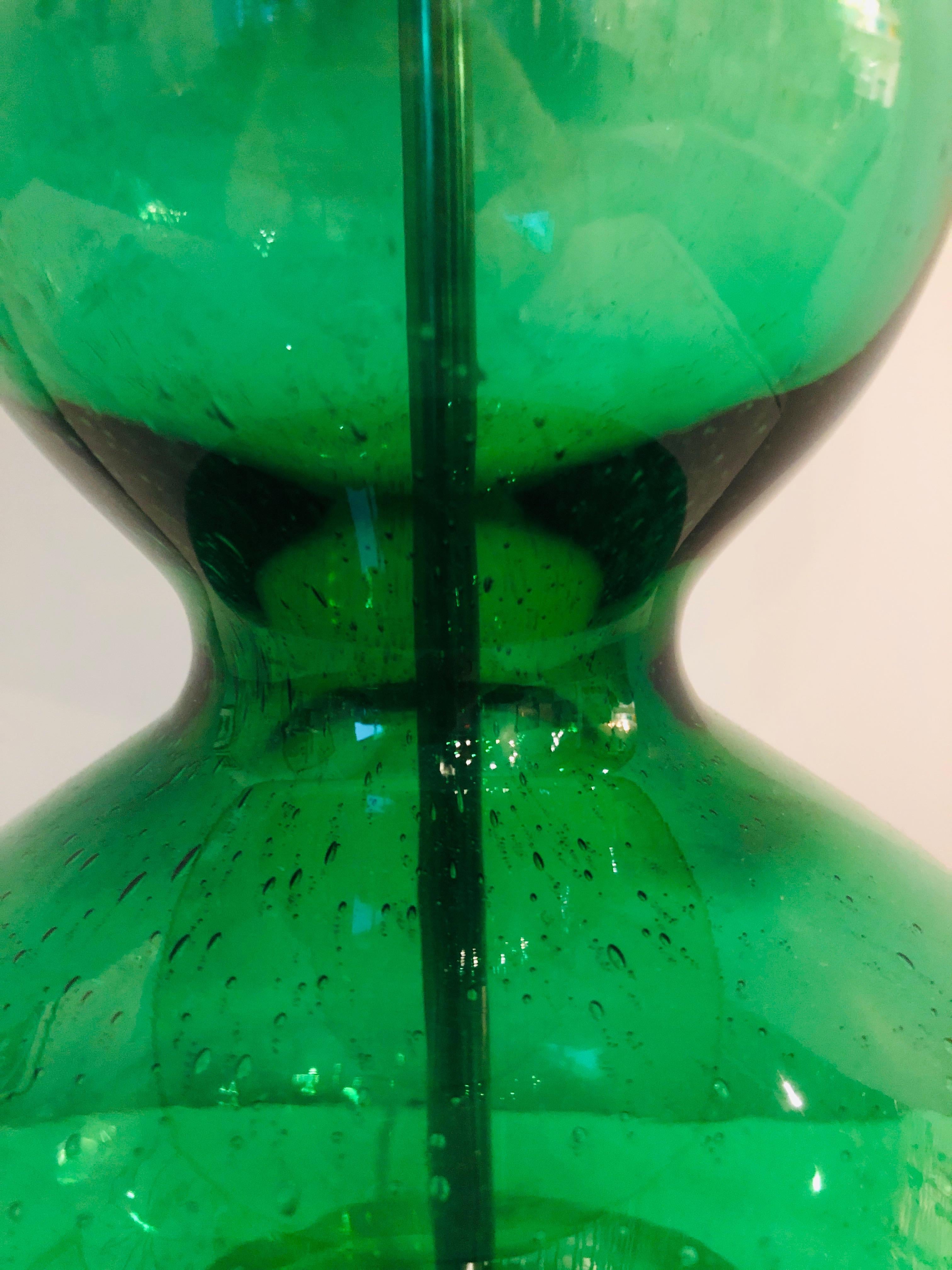 Blown Glass Emerald Green Murano Glass Table Lamps with Lucite Bases & Chrome Accents, Pair For Sale
