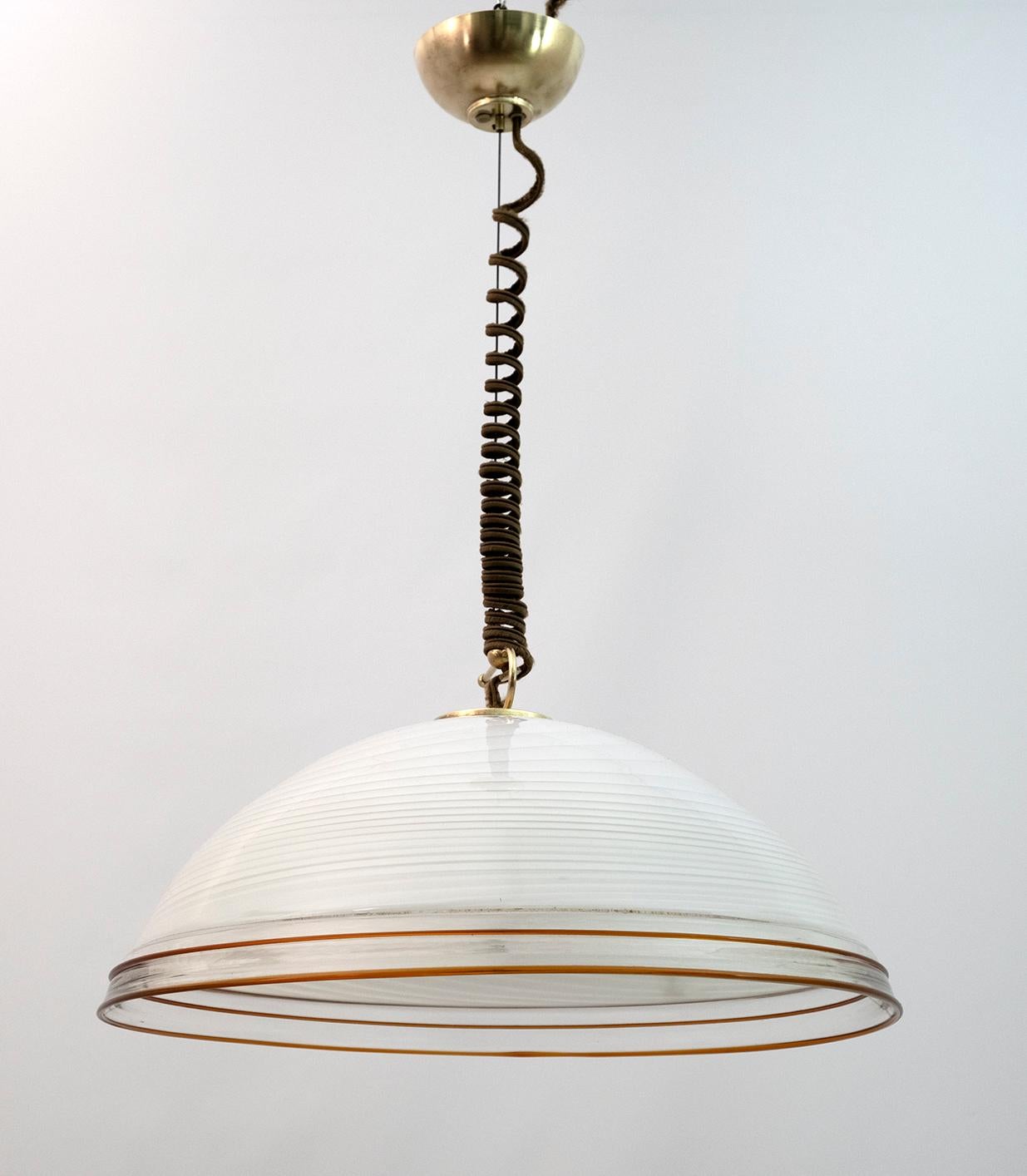 Suspension lamp in opaline spiral-blown Murano glass, and amber edges, with brass details, produced by Vetri Murano 4.