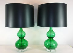 Emerald Green Murano Glass Table Lamps with Lucite Bases & Chrome Accents, Pair