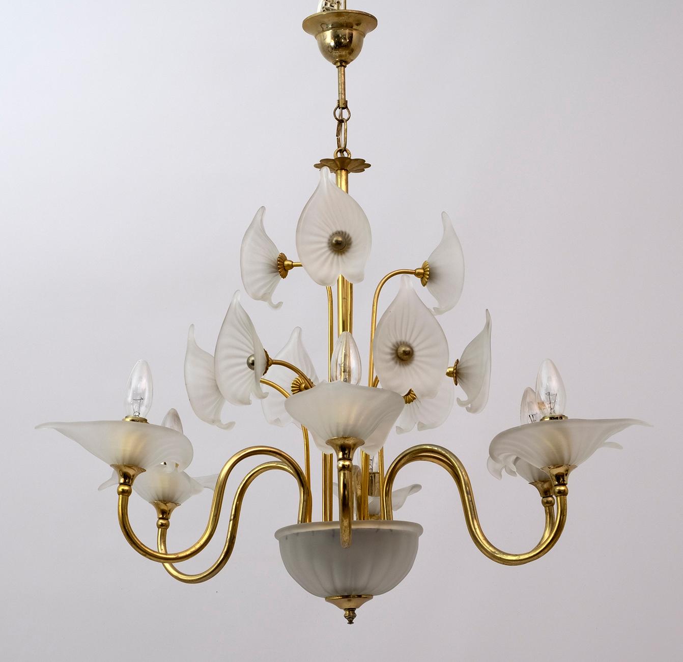 Murano Lattimo glass and brass six light chandelier, the chandelier will come with reducers for USA E12 bulbs.