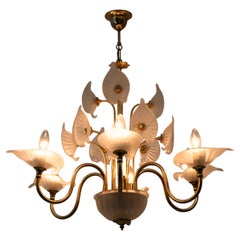 Lampadario italiano di Murano moderno di metà secolo in lattimo e ottone, anni '70
