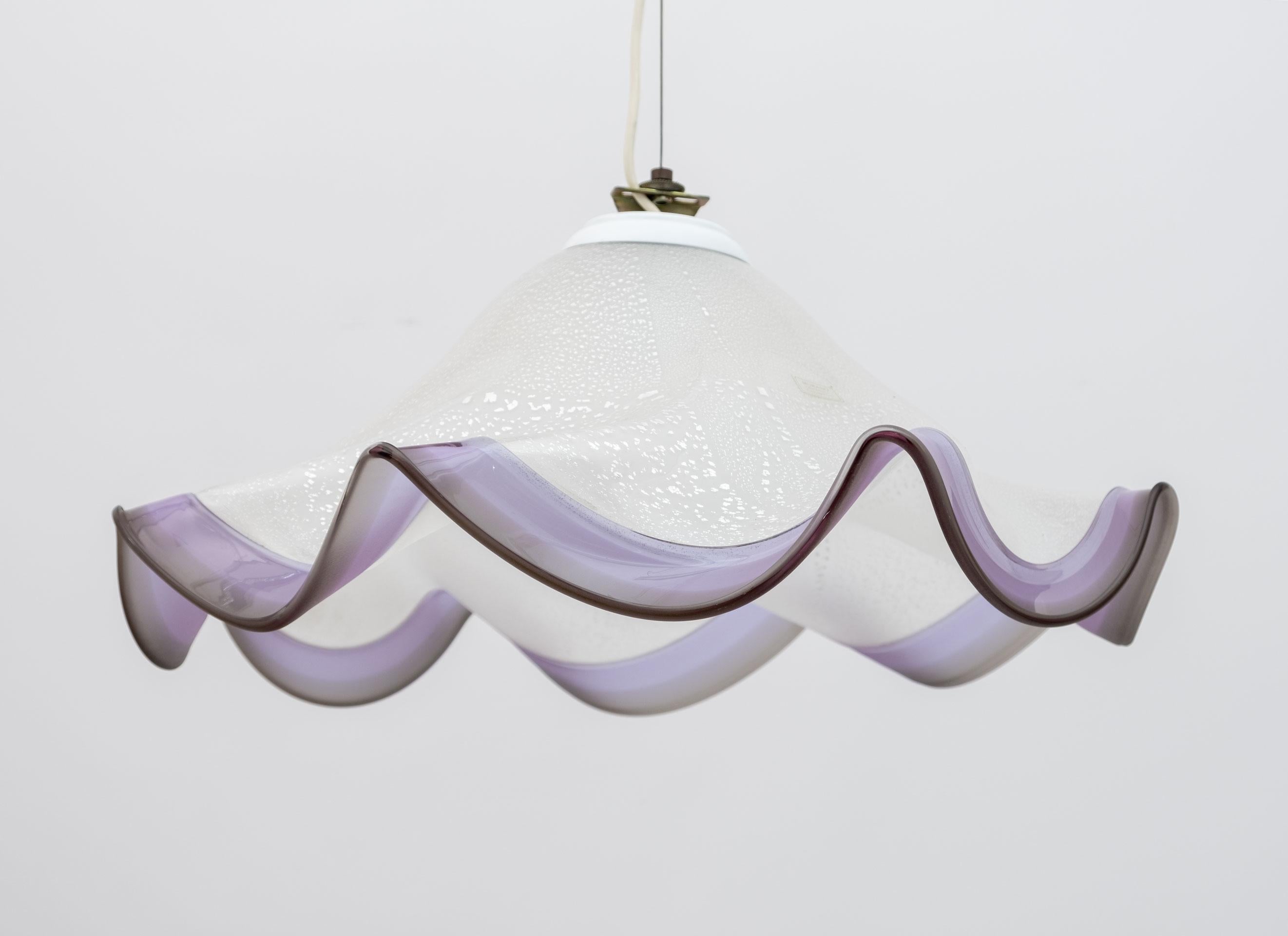 Late 20th Century Mid-Century Modern Italian Murano Silver Leaf Glass Pendant Lamp, 1970s For Sale