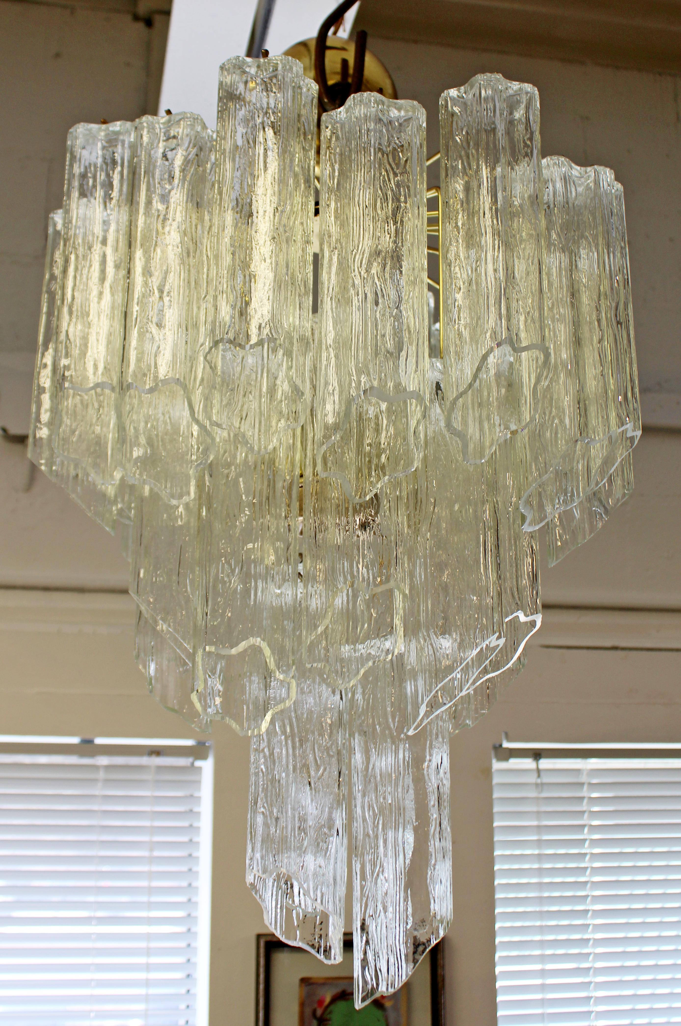 Murano Glass Mid-Century Modern Italian Murano Tronchi Slant Cut Glass Brass Chandelier 1970s