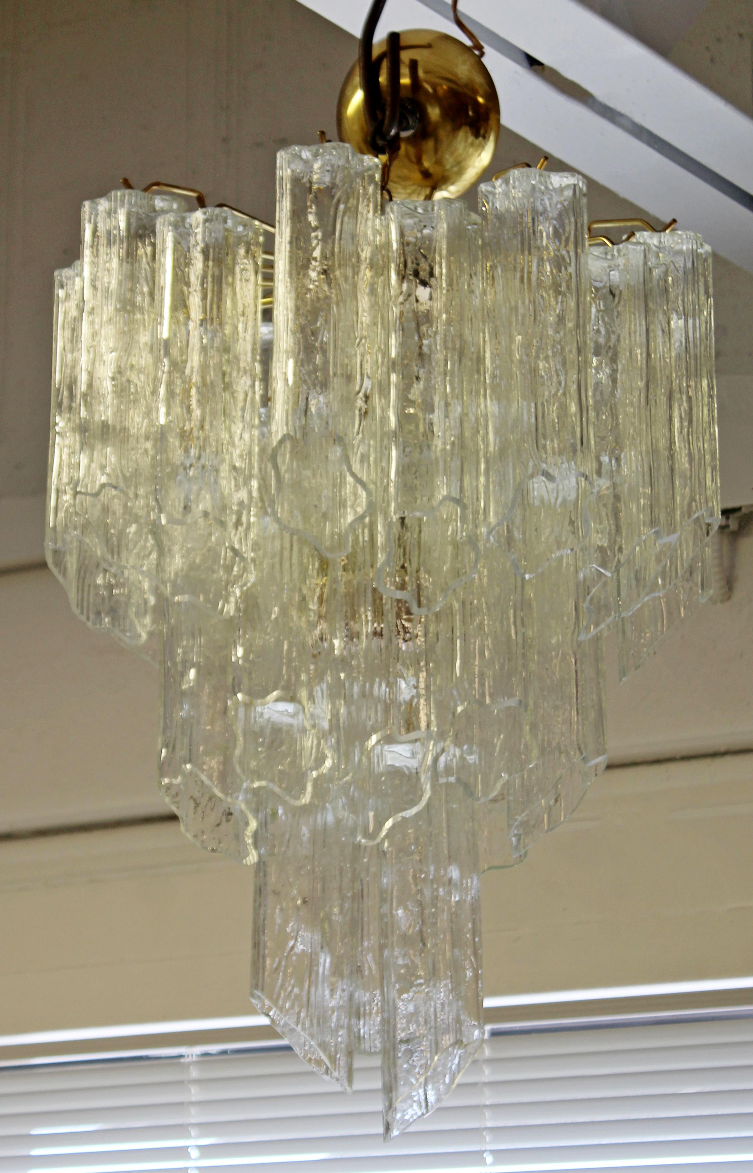 Mid-Century Modern Italian Murano Tronchi Slant Cut Glass Brass Chandelier 1970s 1