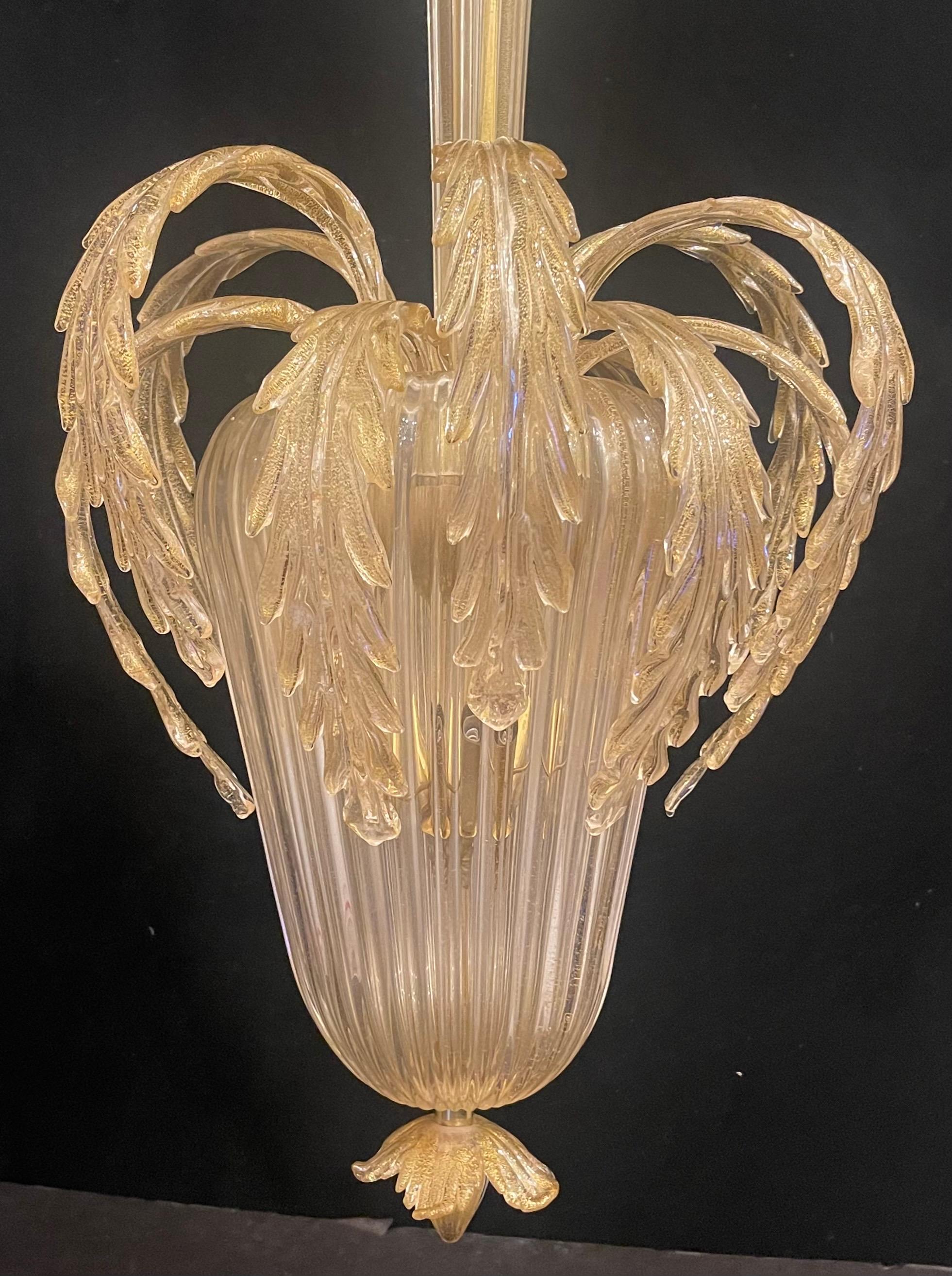 Hand-Crafted Mid-Century Modern Italian Murano Venetian Gold Flake Barovier Seguso Chandelier For Sale