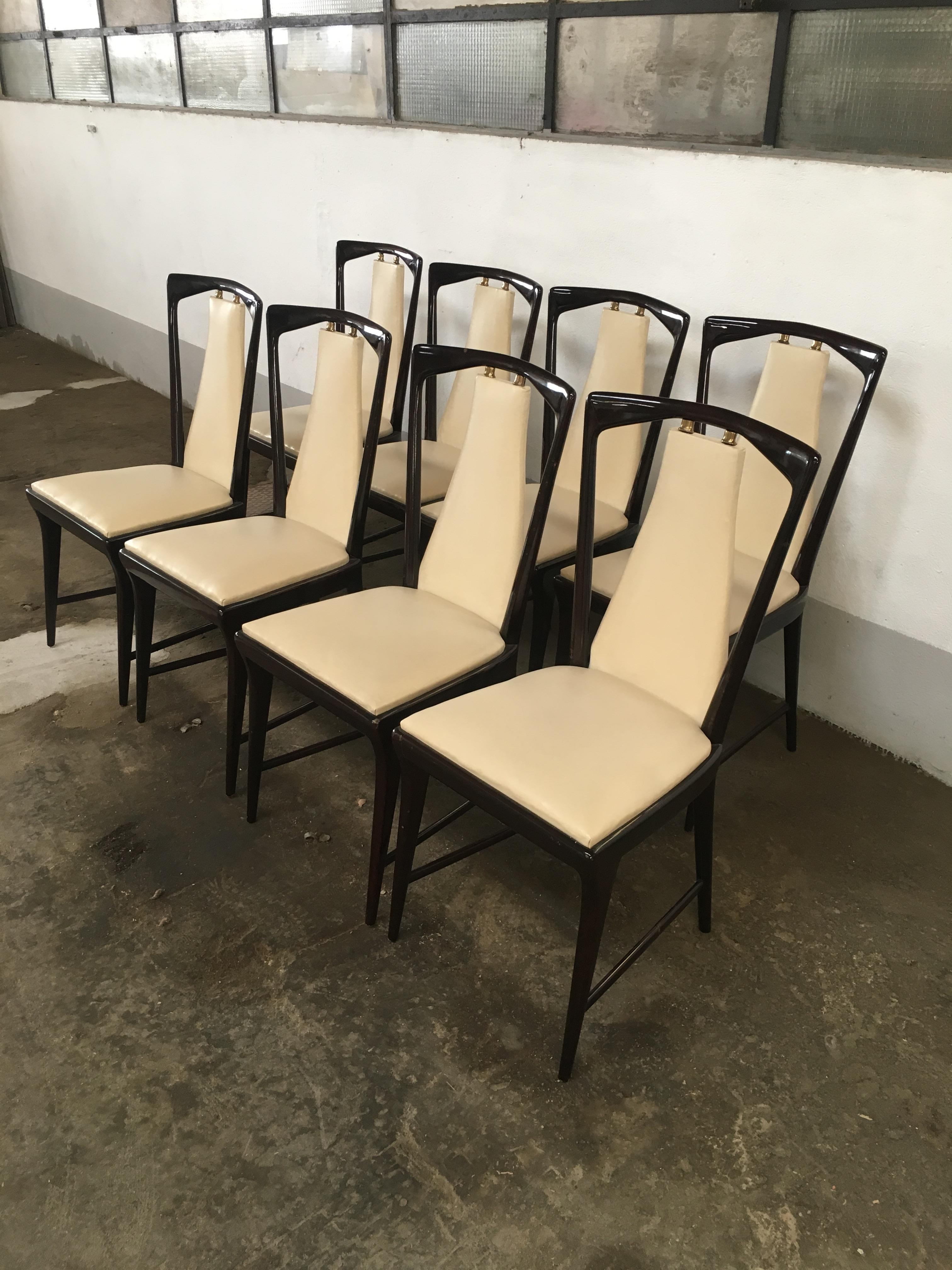 Brass Mid-Century Modern Italian O. Borsani Set of 8 Mahogany and Faux Leather Chairs